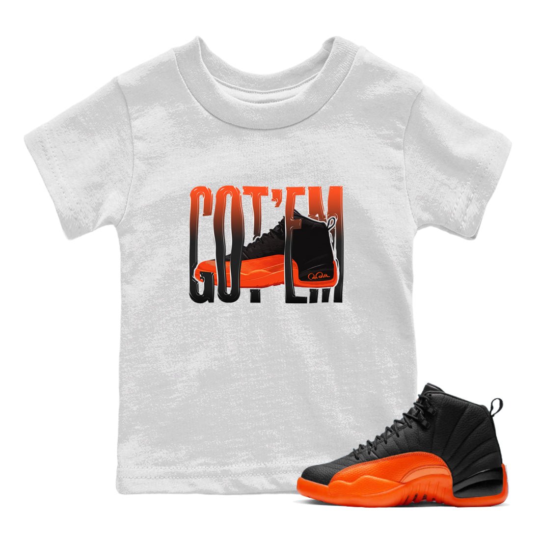 Air Jordan 12 Brilliant Orange Sneaker Match Tees Wiggling Gotem Sneaker Tees AJ12 Brilliant Orange Sneaker Release Tees Kids Shirts White 1