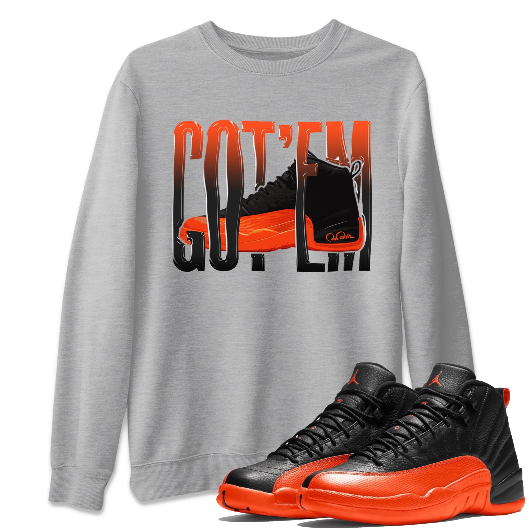 Air Jordan 12 Brilliant Orange Sneaker Match Tees Wiggling Gotem Sneaker Tees AJ12 Brilliant Orange Sneaker Release Tees Unisex Shirts Heather Grey 1