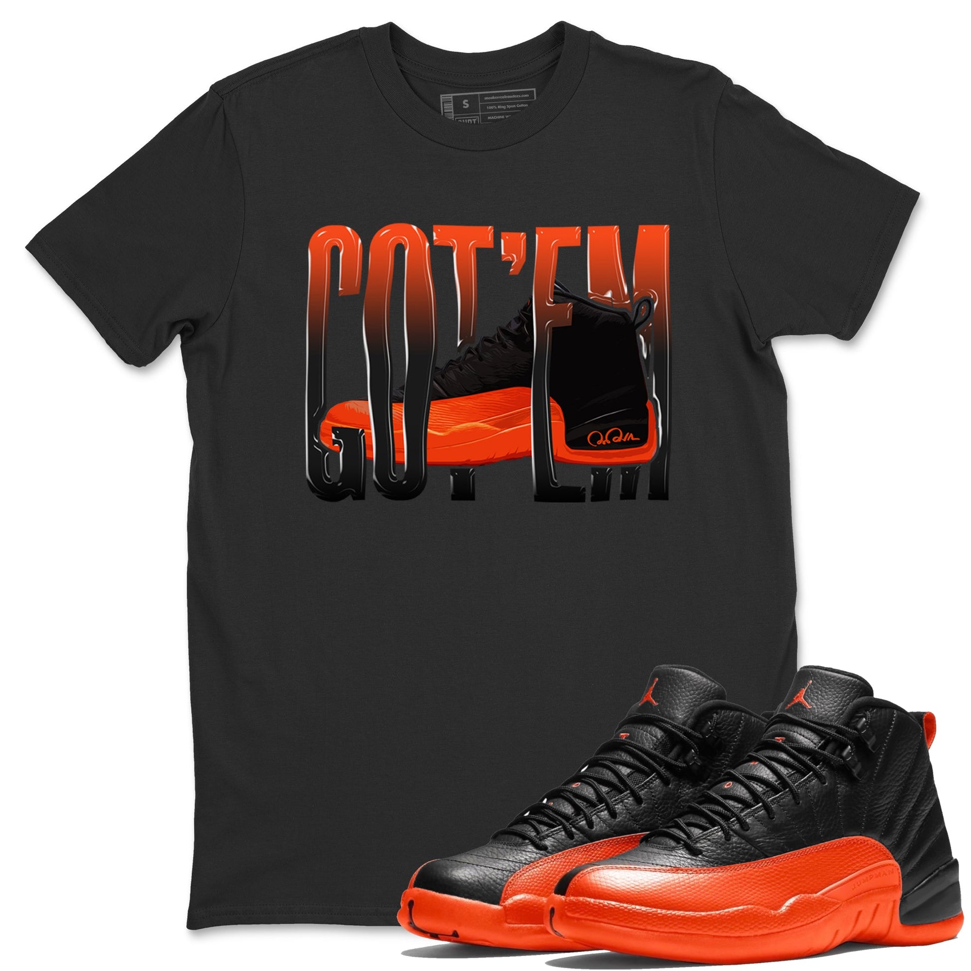 Air Jordan 12 Brilliant Orange Sneaker Match Tees Wiggling Gotem Sneaker Tees AJ12 Brilliant Orange Sneaker Release Tees Unisex Shirts Black 1