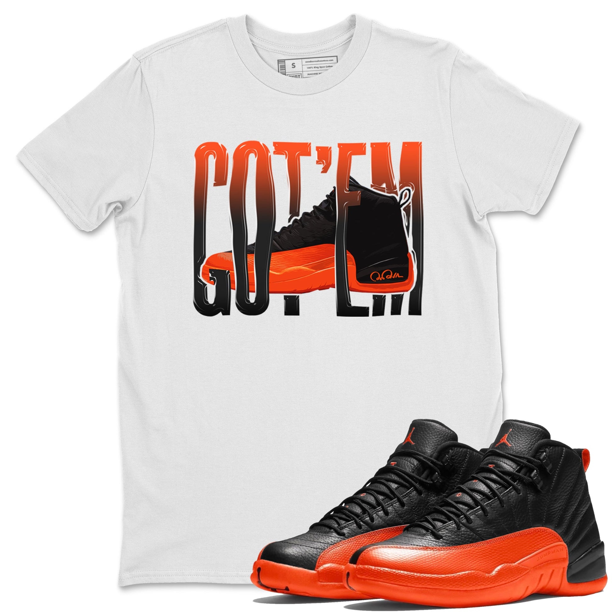 Air Jordan 12 Brilliant Orange Sneaker Match Tees Wiggling Gotem Sneaker Tees AJ12 Brilliant Orange Sneaker Release Tees Unisex Shirts White 1