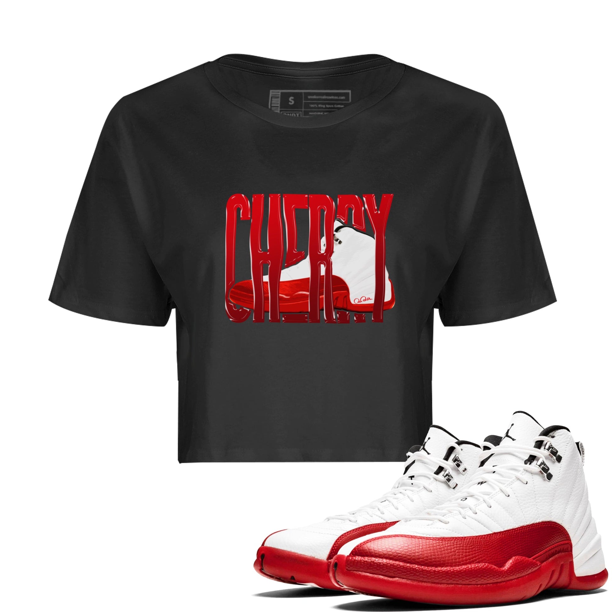 Air Jordan 12 Cherry Sneaker Match Tees Wiggling Gotem Sneaker Tees AJ12 Cherry Sneaker Release Tees Women's Shirts Black 1