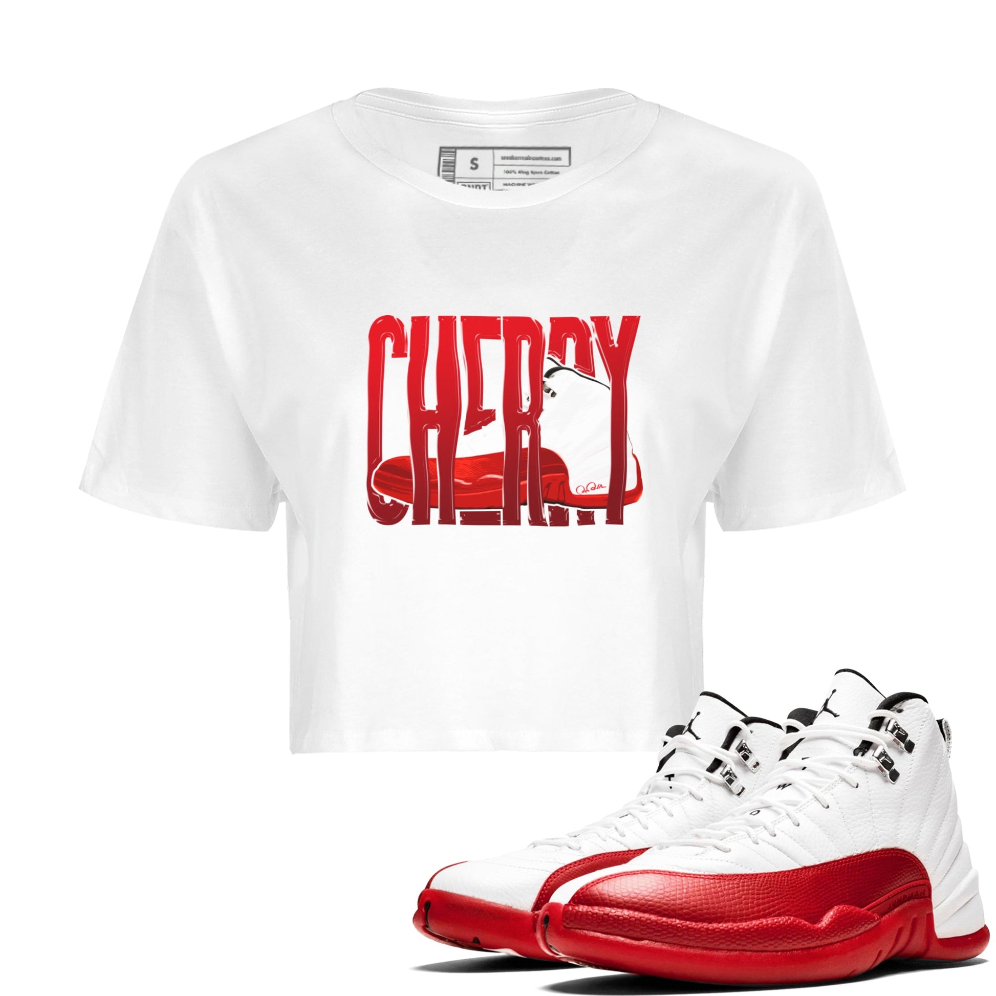 Air Jordan 12 Cherry Sneaker Match Tees Wiggling Gotem Sneaker Tees AJ12 Cherry Sneaker Release Tees Women's Shirts White 1