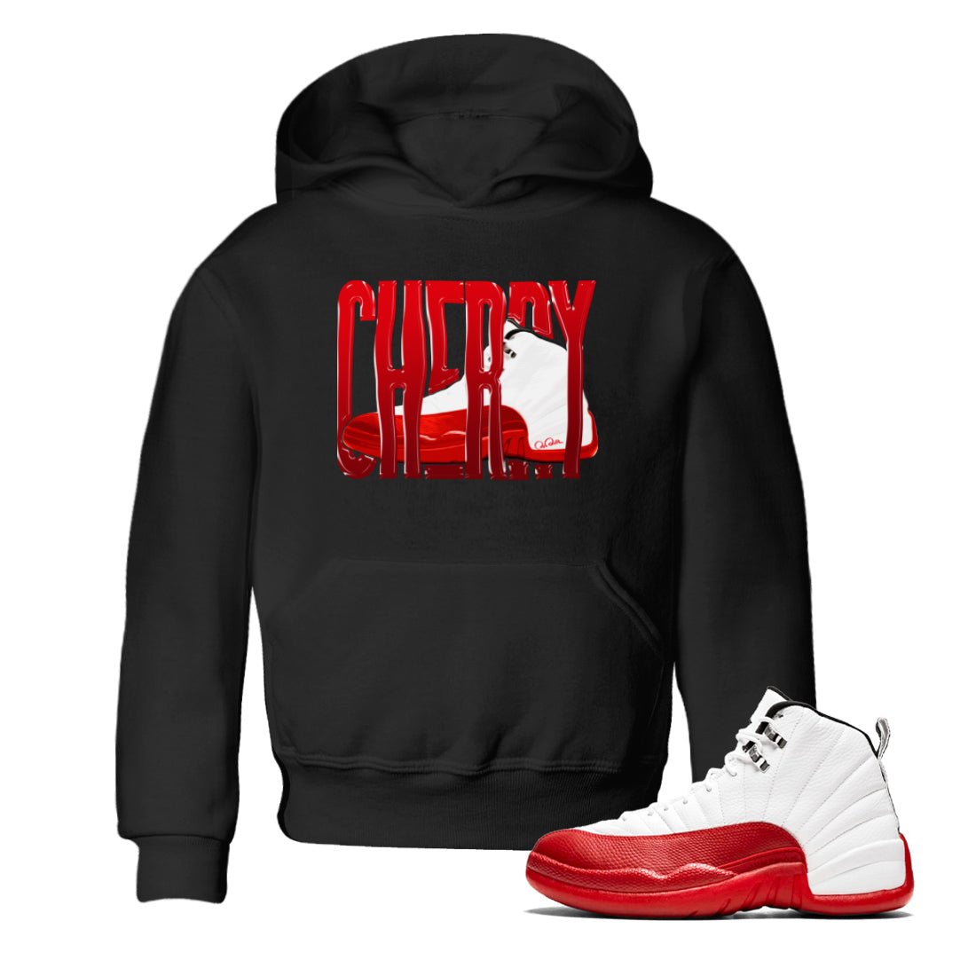Air Jordan 12 Cherry Sneaker Match Tees Wiggling Gotem Sneaker Tees AJ12 Cherry Sneaker Release Tees Kids Shirts Black 1