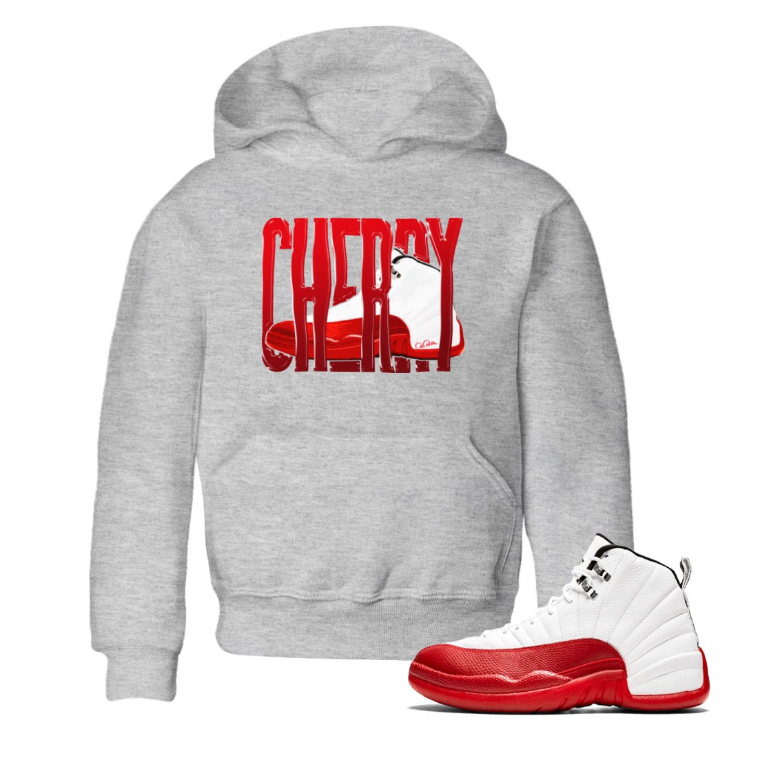 Air Jordan 12 Cherry Sneaker Match Tees Wiggling Gotem Sneaker Tees AJ12 Cherry Sneaker Release Tees Kids Shirts Heather Grey 1
