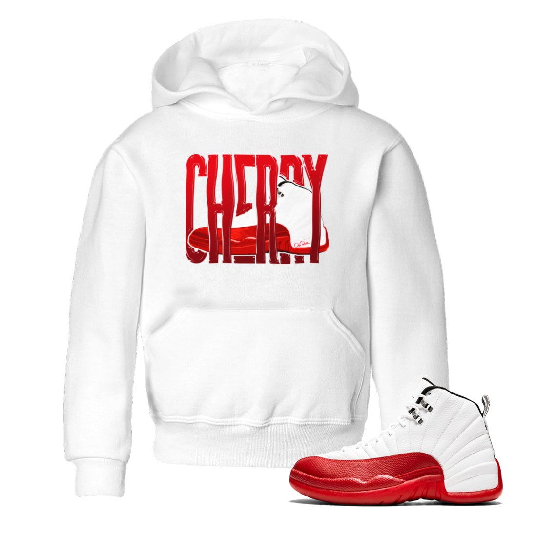 Air Jordan 12 Cherry Sneaker Match Tees Wiggling Gotem Sneaker Tees AJ12 Cherry Sneaker Release Tees Kids Shirts White 1