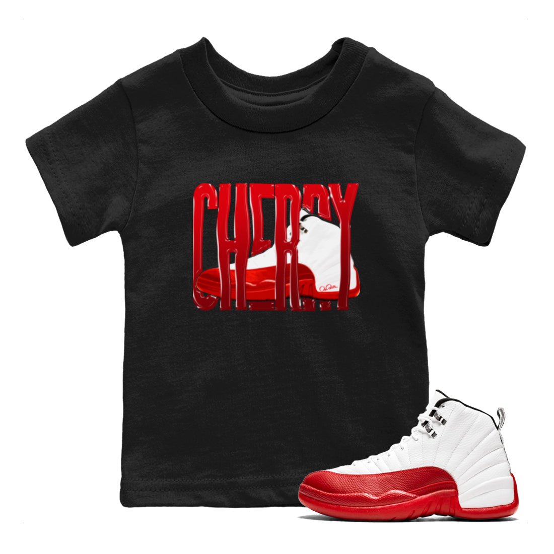 Air Jordan 12 Cherry Sneaker Match Tees Wiggling Gotem Sneaker Tees AJ12 Cherry Sneaker Release Tees Kids Shirts Black 1