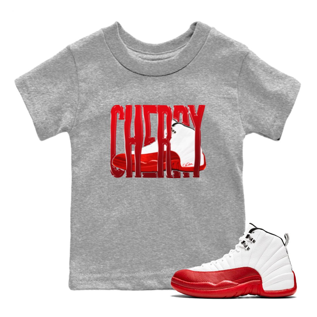 Air Jordan 12 Cherry Sneaker Match Tees Wiggling Gotem Sneaker Tees AJ12 Cherry Sneaker Release Tees Kids Shirts Heather Grey 1