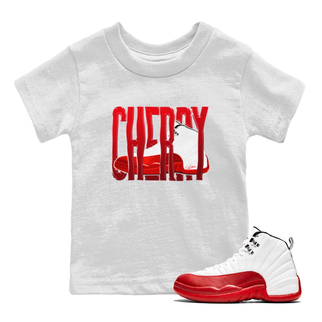 Air Jordan 12 Cherry Sneaker Match Tees Wiggling Gotem Sneaker Tees AJ12 Cherry Sneaker Release Tees Kids Shirts White 1