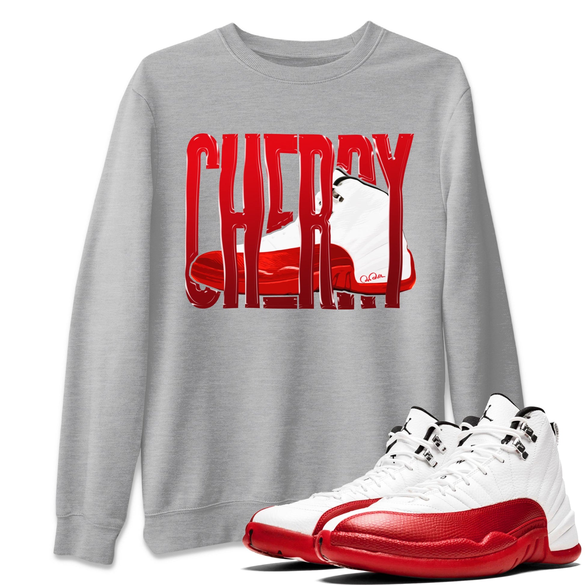 Air Jordan 12 Cherry Sneaker Match Tees Wiggling Gotem Sneaker Tees AJ12 Cherry Sneaker Release Tees Unisex Shirts Heather Grey 1