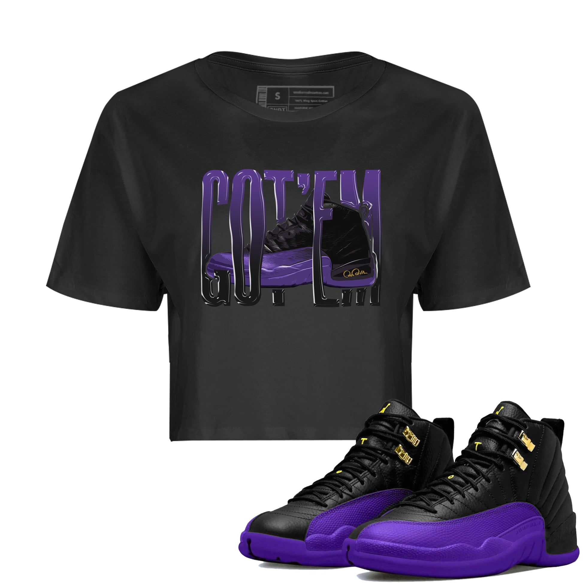 Air Jordan 12 Field Purple Sneaker Match Tees Wiggling Gotem Sneaker Tees AJJordan 12 Lakers Sneaker Release Tees Women's Shirts Black 1