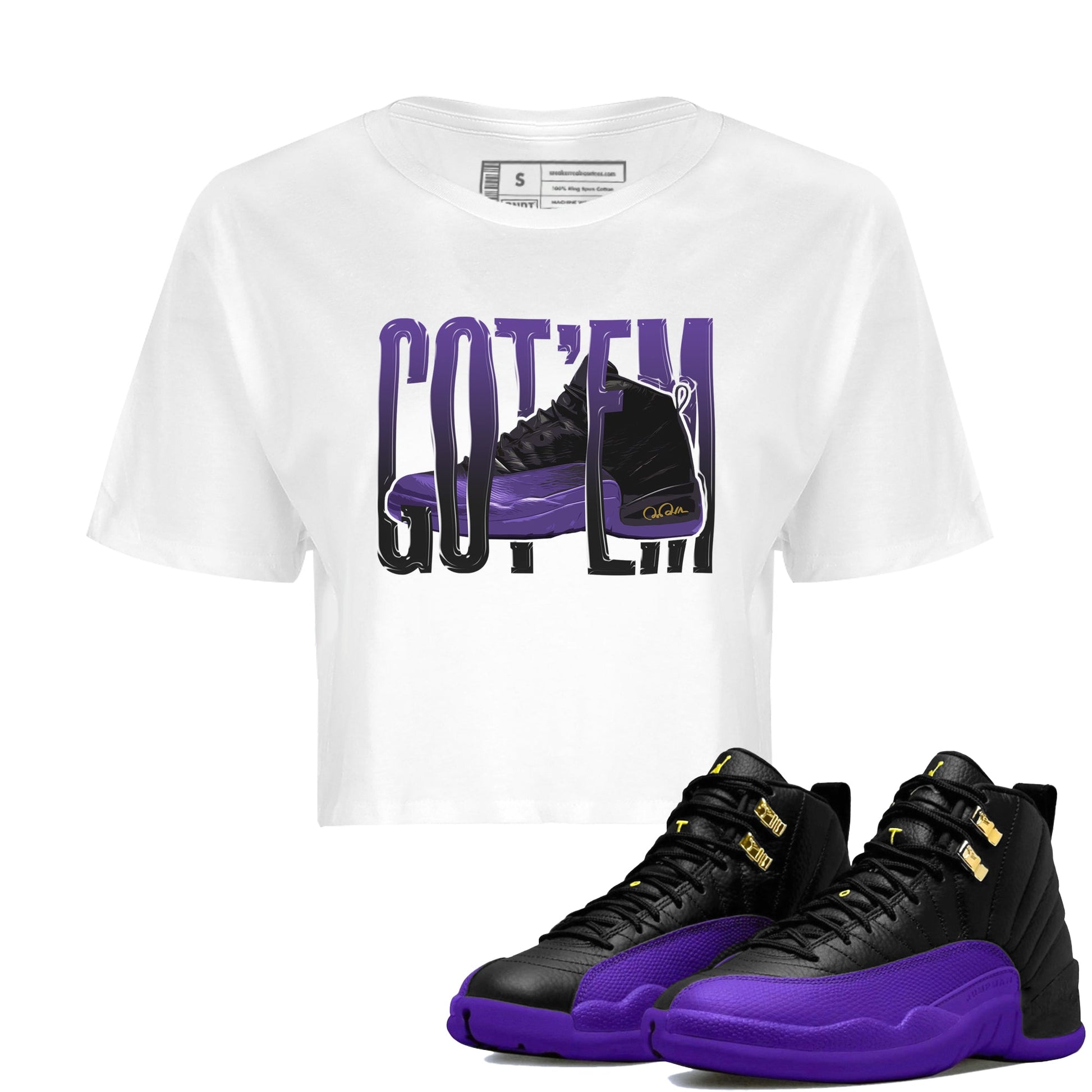 Air Jordan 12 Field Purple Sneaker Match Tees Wiggling Gotem Sneaker Tees AJJordan 12 Lakers Sneaker Release Tees Women's Shirts White 1