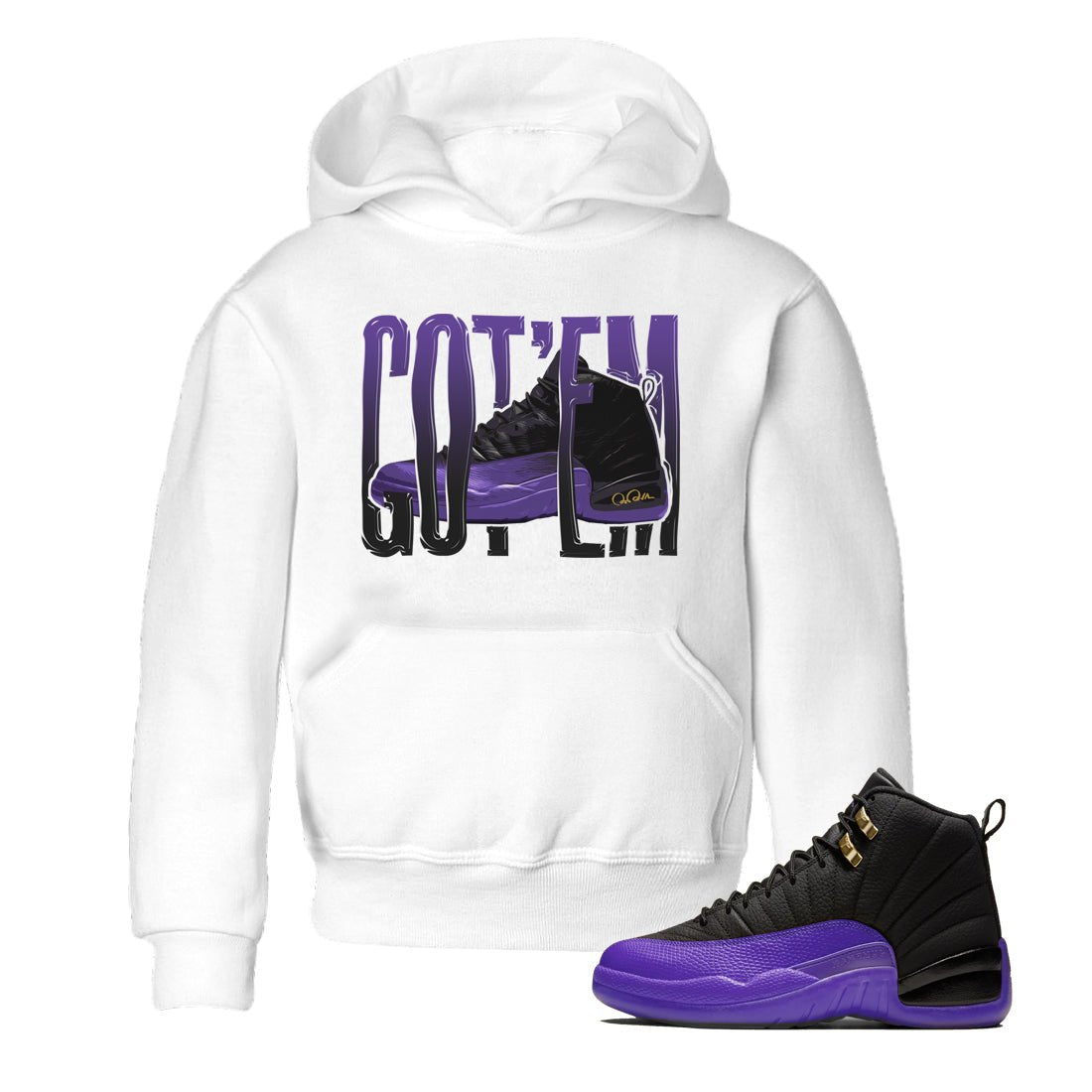 Air Jordan 12 Field Purple Sneaker Match Tees Wiggling Gotem Sneaker Tees AJJordan 12 Lakers Sneaker Release Tees Kids Shirts White 1