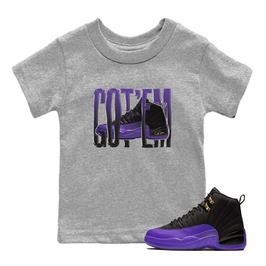 Air Jordan 12 Field Purple Sneaker Match Tees Wiggling Gotem Sneaker Tees AJJordan 12 Lakers Sneaker Release Tees Kids Shirts Heather Grey 1