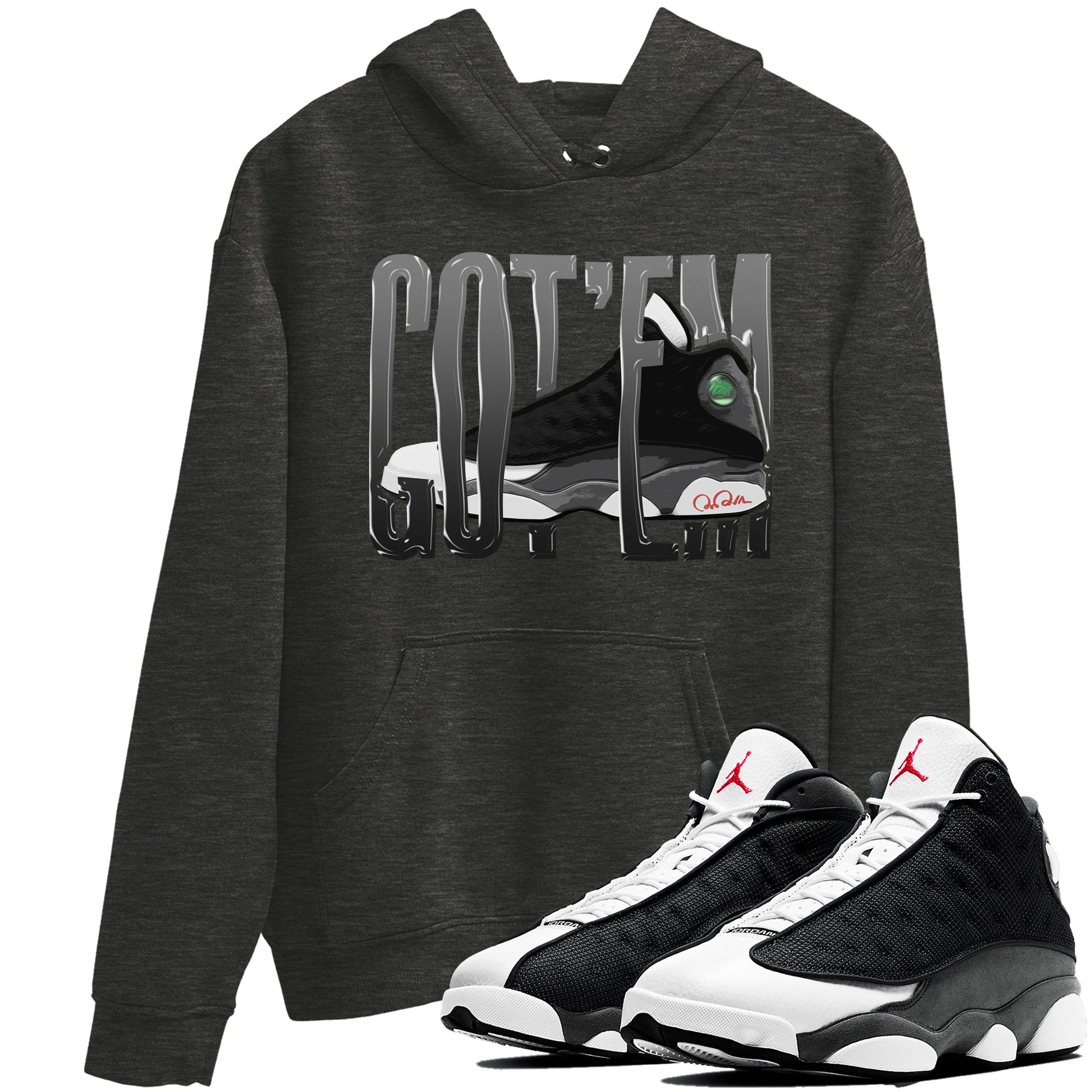 Air Jordan 13 Black Flint Sneaker Match Tees Wiggling Gotem Sneaker Tees AJ13 Retro Black Flint Sneaker Release Tees Unisex Shirts Charcoal Heather 1