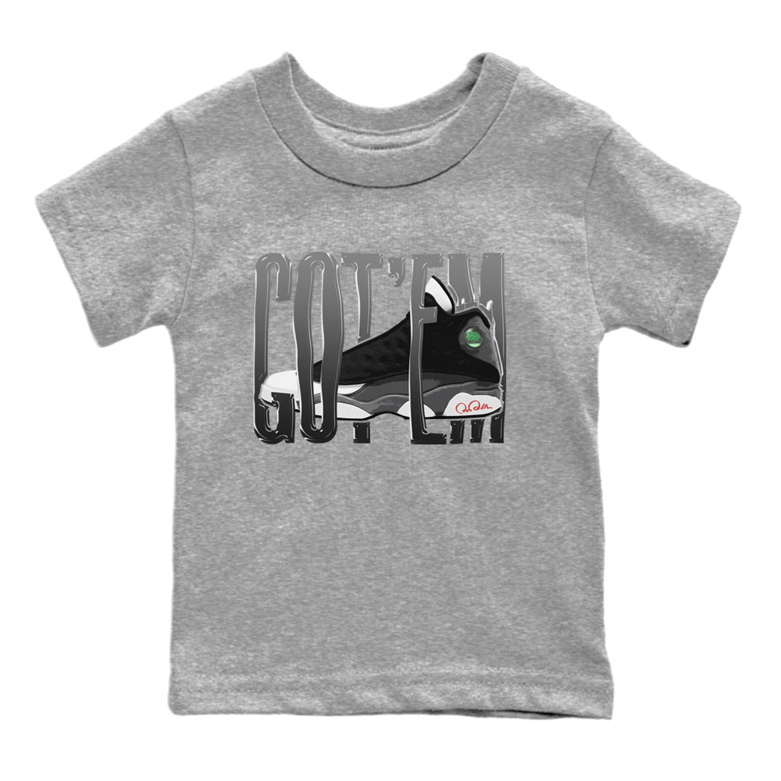Air Jordan 13 Black Flint Sneaker Match Tees Wiggling Gotem Sneaker Tees AJ13 Retro Black Flint Sneaker Release Tees Kids Shirts Heather Grey 2