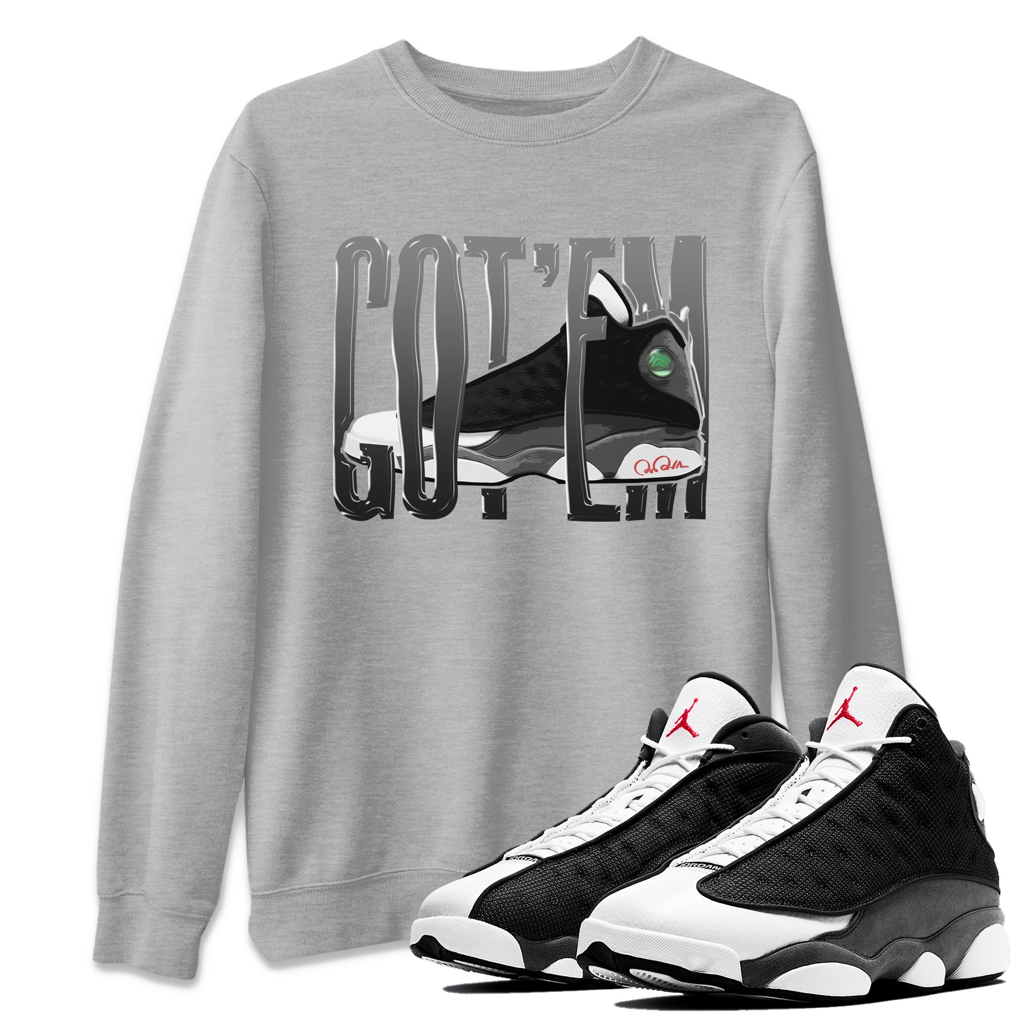 Air Jordan 13 Black Flint Sneaker Match Tees Wiggling Gotem Sneaker Tees AJ13 Retro Black Flint Sneaker Release Tees Unisex Shirts Heather Grey 1