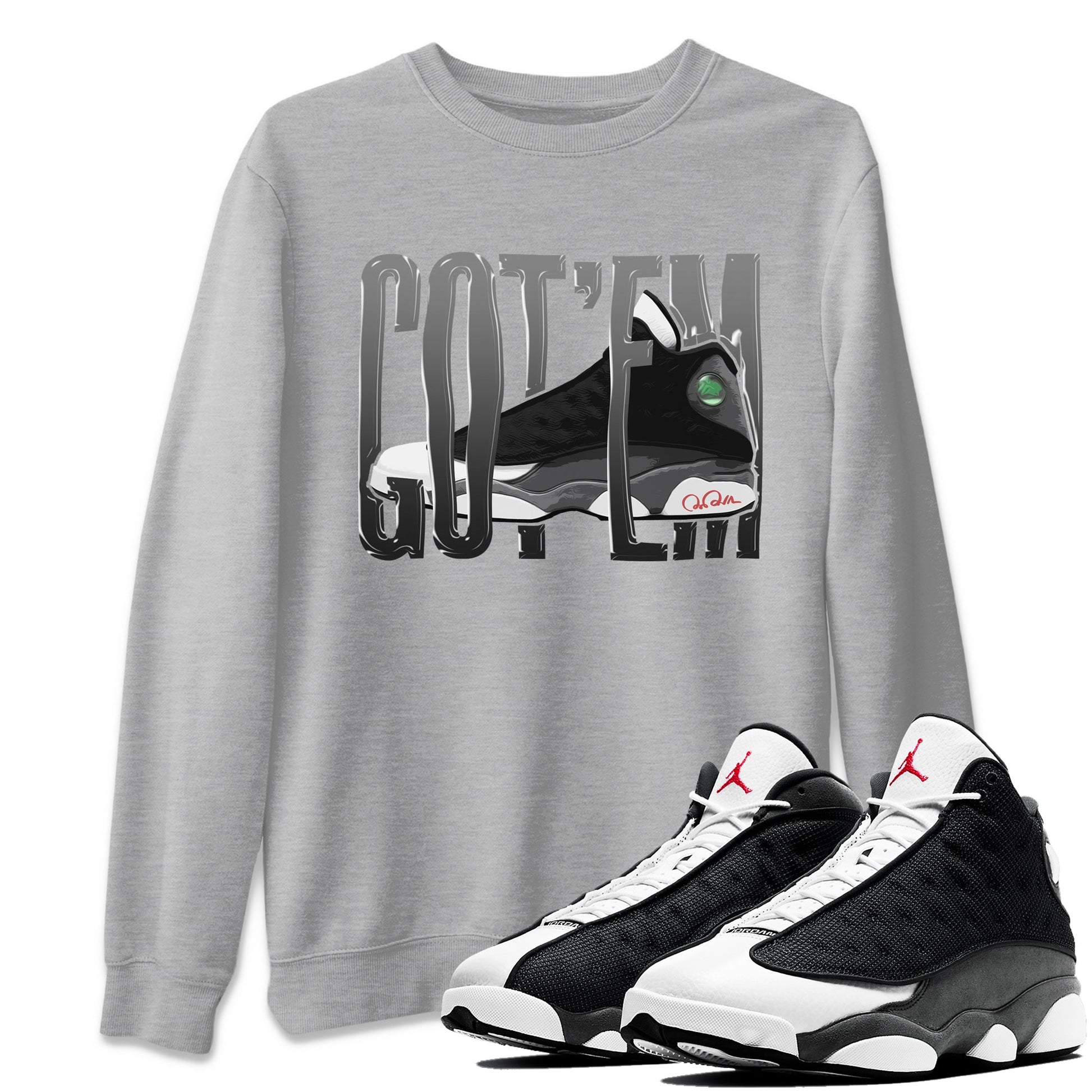 Air Jordan 13 Black Flint Sneaker Match Tees Wiggling Gotem Sneaker Tees AJ13 Retro Black Flint Sneaker Release Tees Unisex Shirts Heather Grey 1