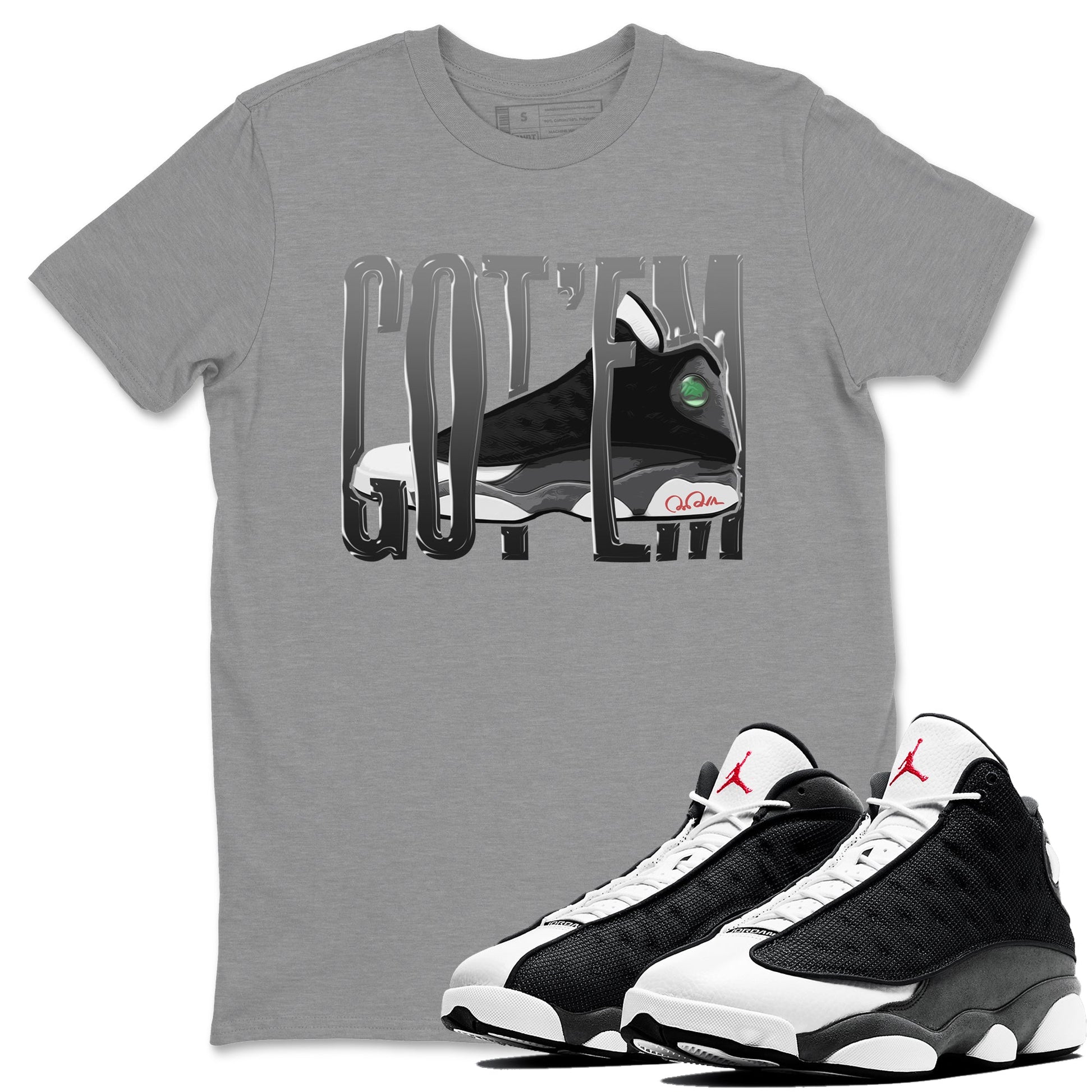 Air Jordan 13 Black Flint Wiggling Gotem Crew Neck Sneaker Tees AJ13 Retro Black Flint Sneaker T-Shirts Size Chart