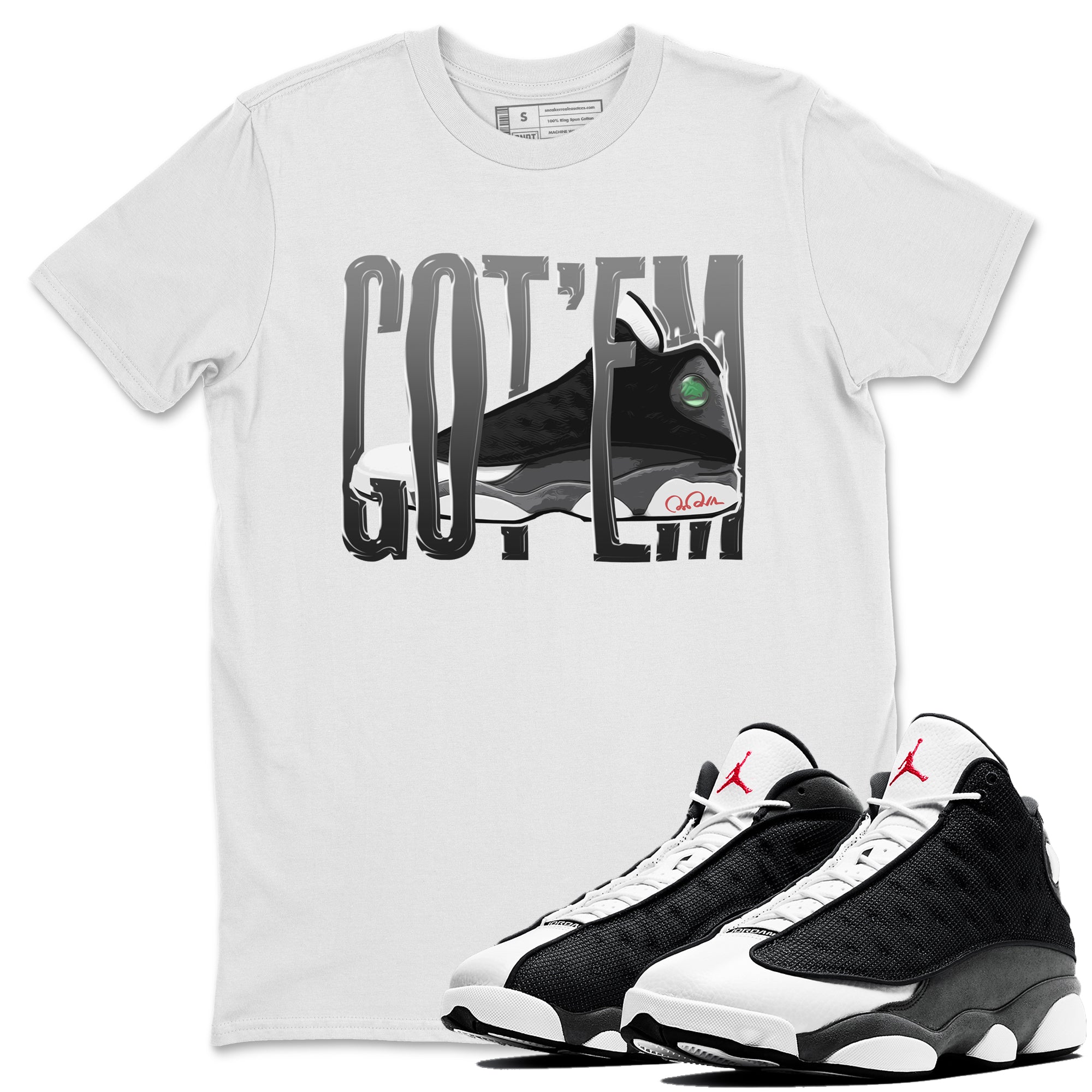 Air Jordan 13 Black Flint Sneaker Match Tees Wiggling Gotem Sneaker Tees AJ13 Retro Black Flint Sneaker Release Tees Unisex Shirts White 1