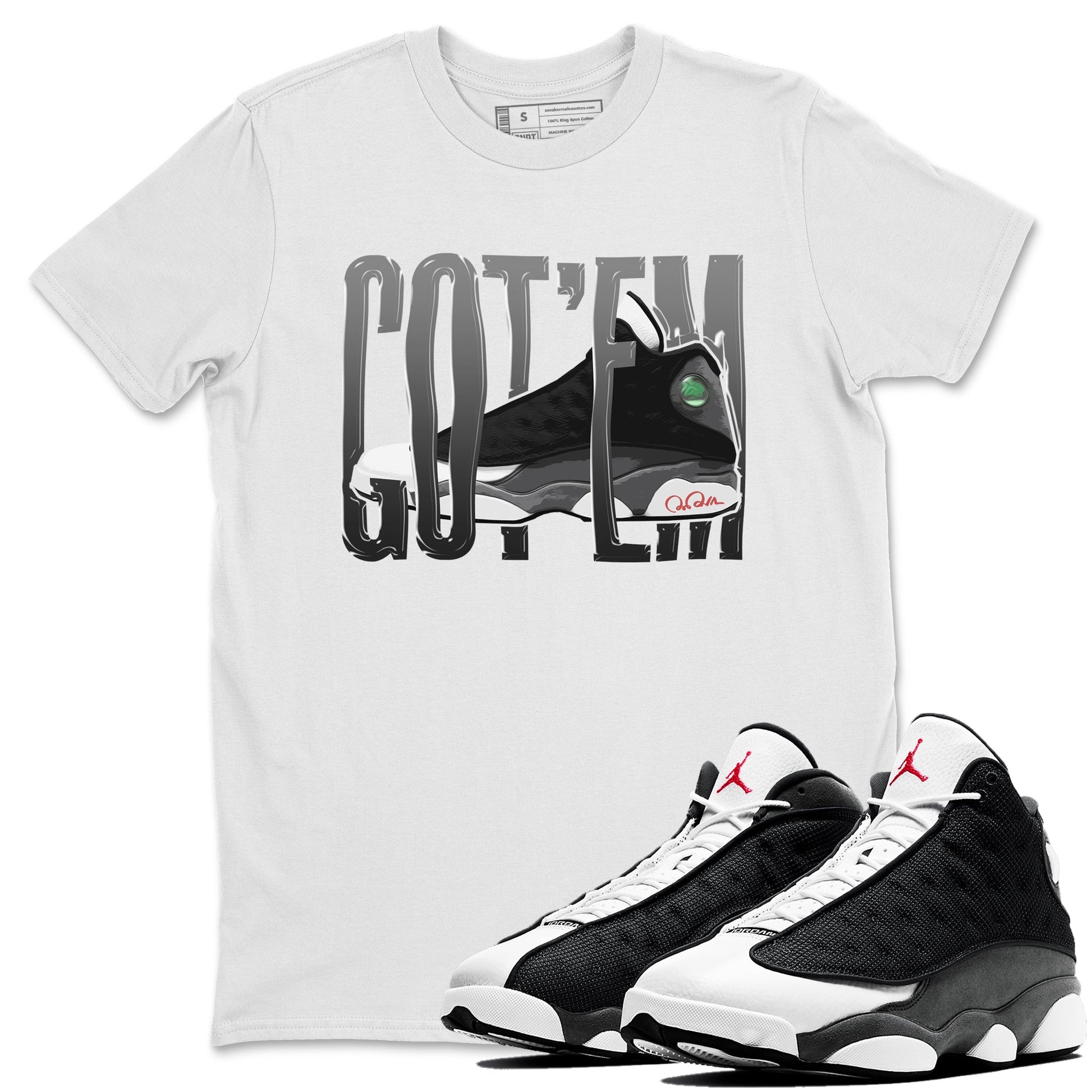 Air Jordan 13 Black Flint Sneaker Match Tees Wiggling Gotem Sneaker Tees AJ13 Retro Black Flint Sneaker Release Tees Unisex Shirts White 1