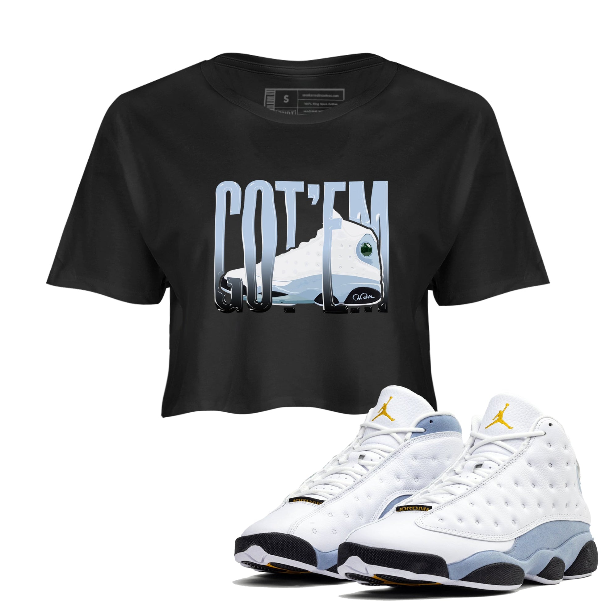 Air Jordan 13 Blue Grey shirt to match jordans Wiggling Gotem sneaker tees AJ13 Blue Grey SNRT Sneaker Release Tees Black 1 crop length shirt