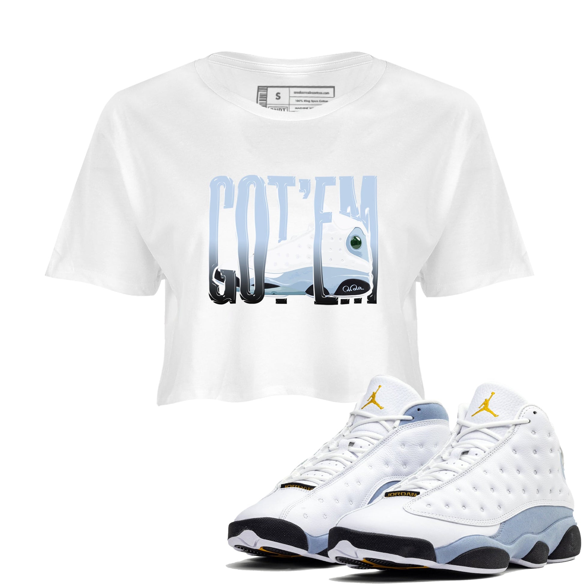 Air Jordan 13 Blue Grey shirt to match jordans Wiggling Gotem sneaker tees AJ13 Blue Grey SNRT Sneaker Release Tees White 1 crop length shirt