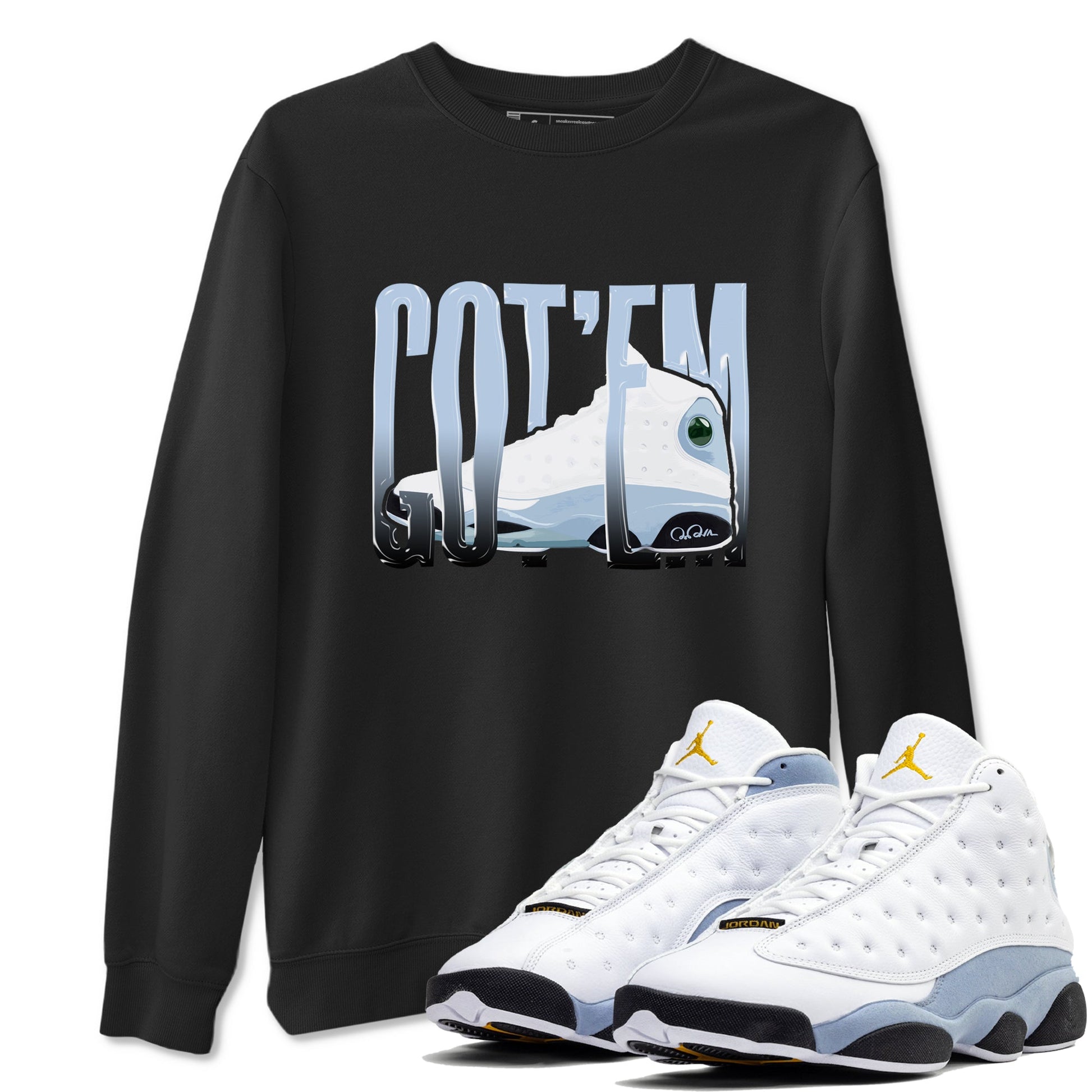 Air Jordan 13 Blue Grey shirt to match jordans Wiggling Gotem sneaker tees AJ13 Blue Grey SNRT Sneaker Release Tees unisex cotton Black 1 crew neck shirt