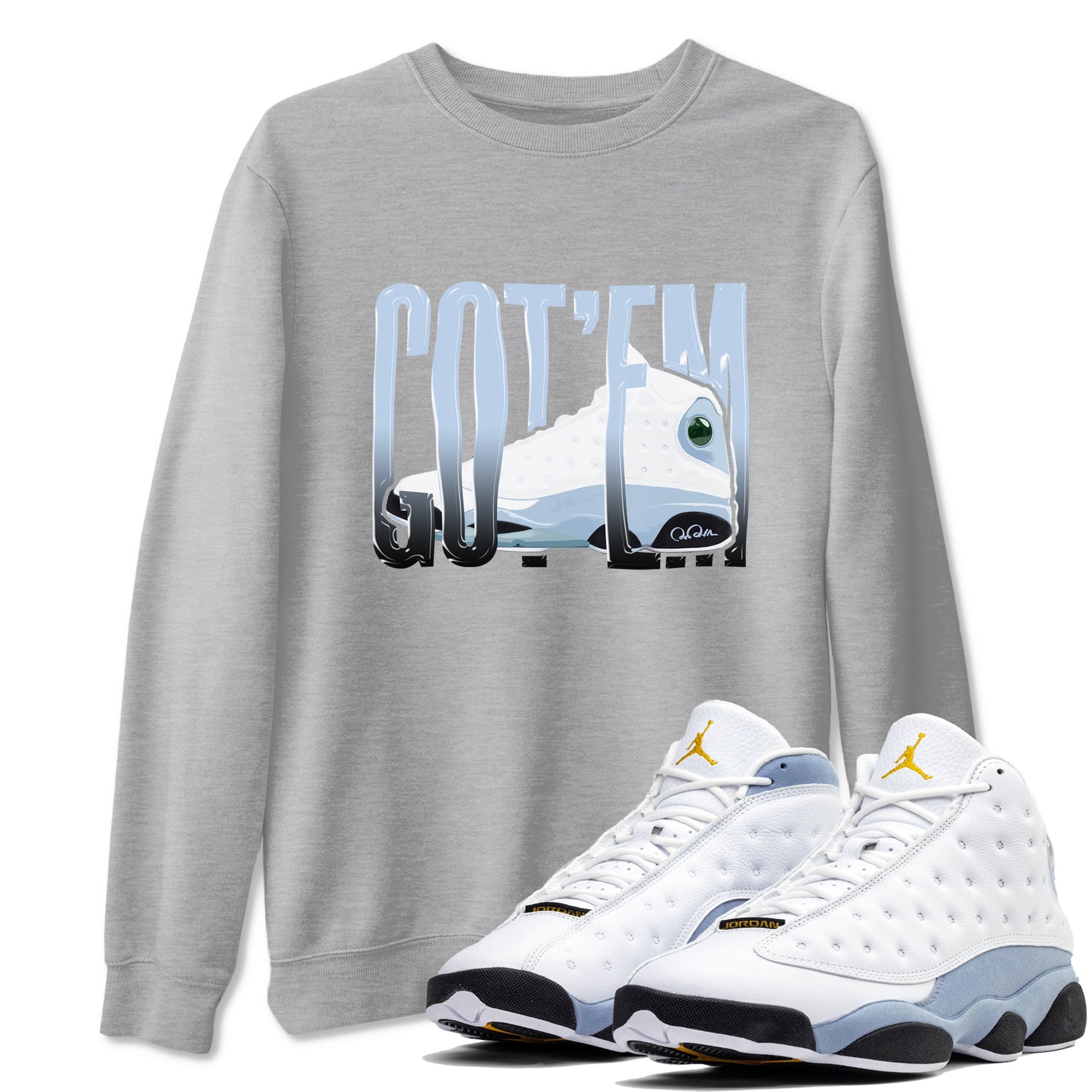 Air Jordan 13 Blue Grey shirt to match jordans Wiggling Gotem sneaker tees AJ13 Blue Grey SNRT Sneaker Release Tees unisex cotton Heather Grey 1 crew neck shirt