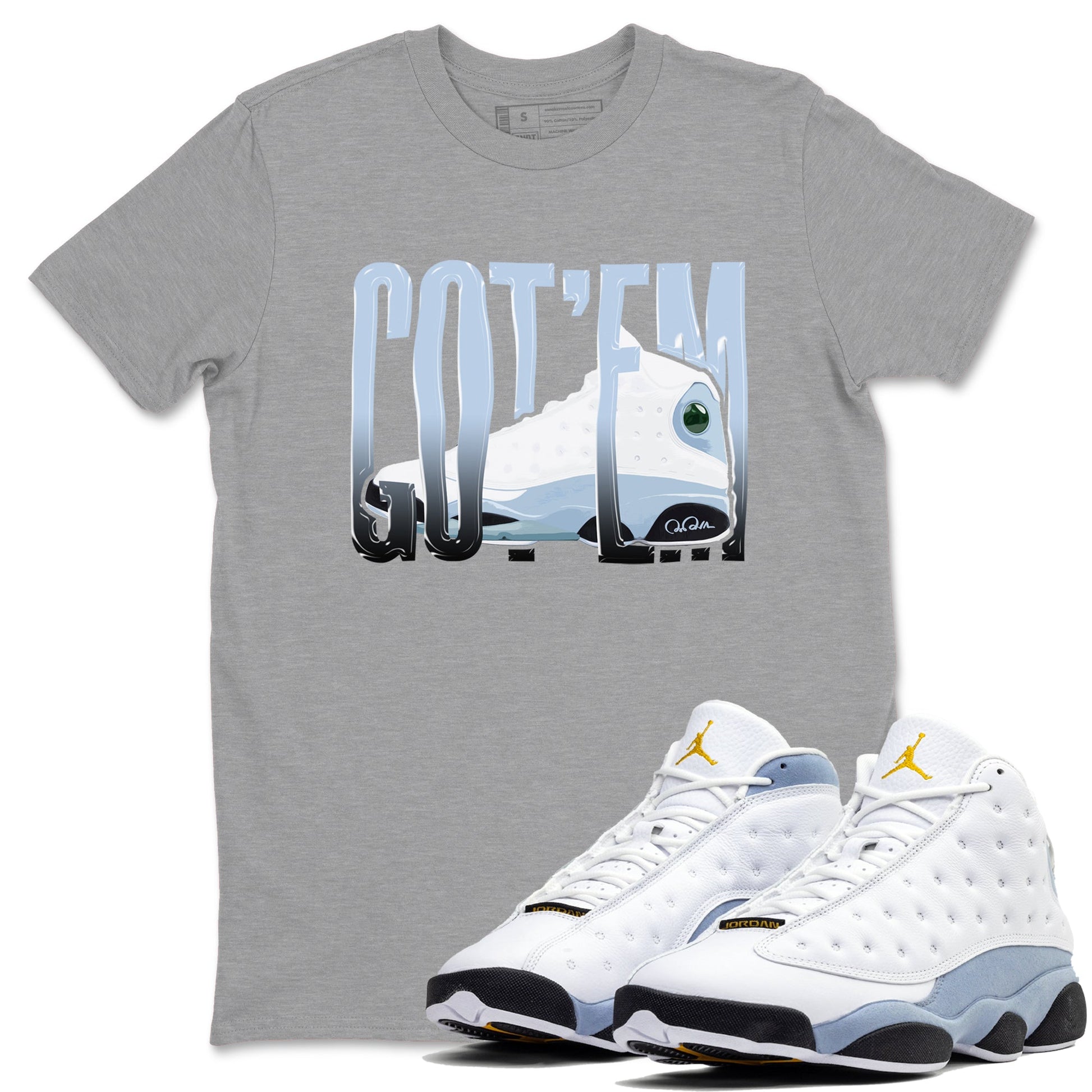 Air Jordan 13 Blue Grey shirt to match jordans Wiggling Gotem sneaker tees AJ13 Blue Grey SNRT Sneaker Release Tees unisex cotton Heather Grey 1 crew neck shirt