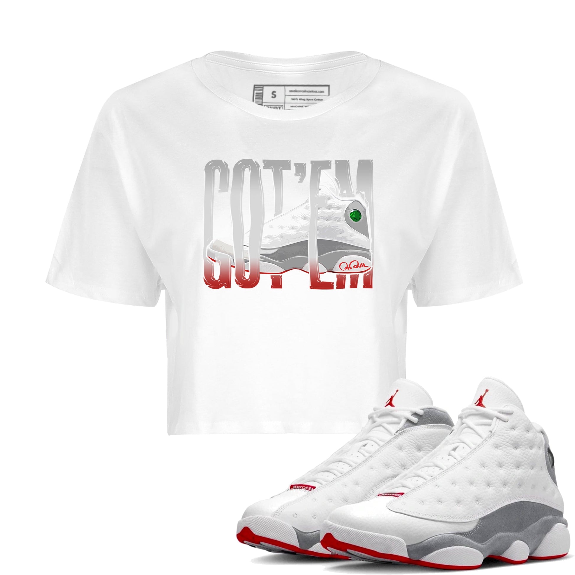 Air Jordan 13 Wolf Grey Sneaker Match Tees Wiggling Gotem Sneaker Tees AJ13 Wolf Grey Sneaker Release Tees Women's Shirts White 1
