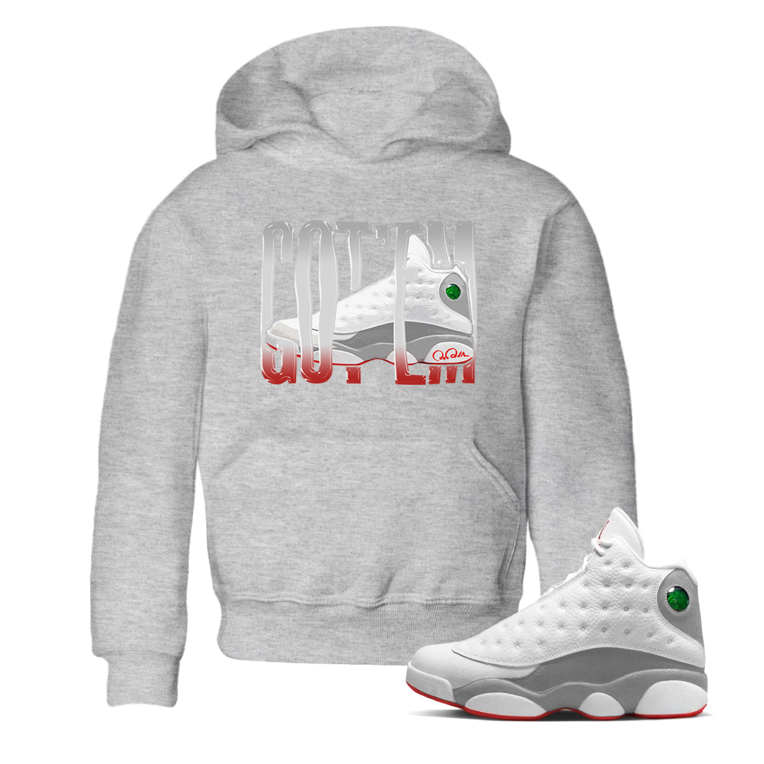 Air Jordan 13 Wolf Grey Sneaker Match Tees Wiggling Gotem Sneaker Tees AJ13 Wolf Grey Sneaker Release Tees Kids Shirts Heather Grey 1
