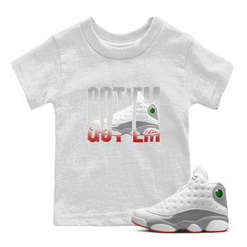 Air Jordan 13 Wolf Grey Sneaker Match Tees Wiggling Gotem Sneaker Tees AJ13 Wolf Grey Sneaker Release Tees Kids Shirts White 1