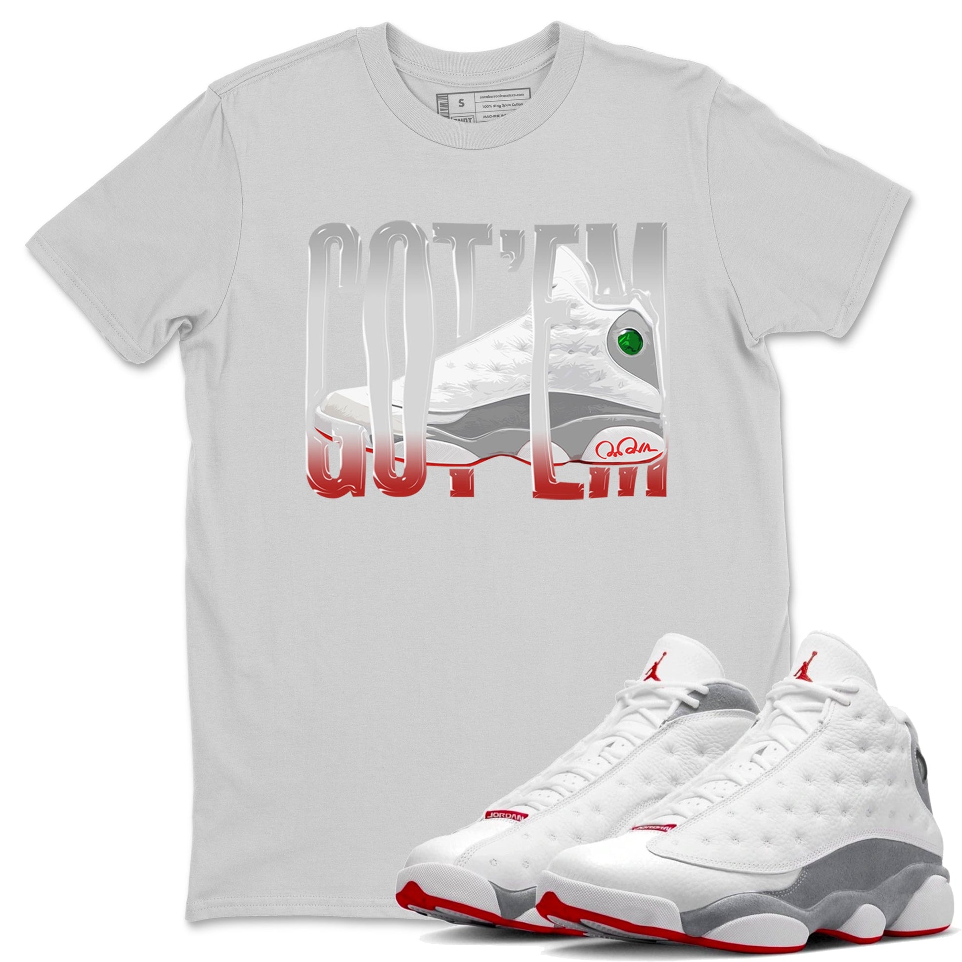 Air Jordan 13 Wolf Grey Sneaker Match Tees Wiggling Gotem Sneaker Tees AJ13 Wolf Grey Sneaker Release Tees Unisex Shirts Silver 1