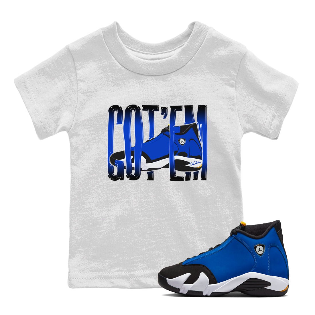 Air Jordan 14 Laney Sneaker Match Tees Wiggling Gotem Sneaker Tees AJ14 Laney Sneaker Release Tees Kids Shirts White 1