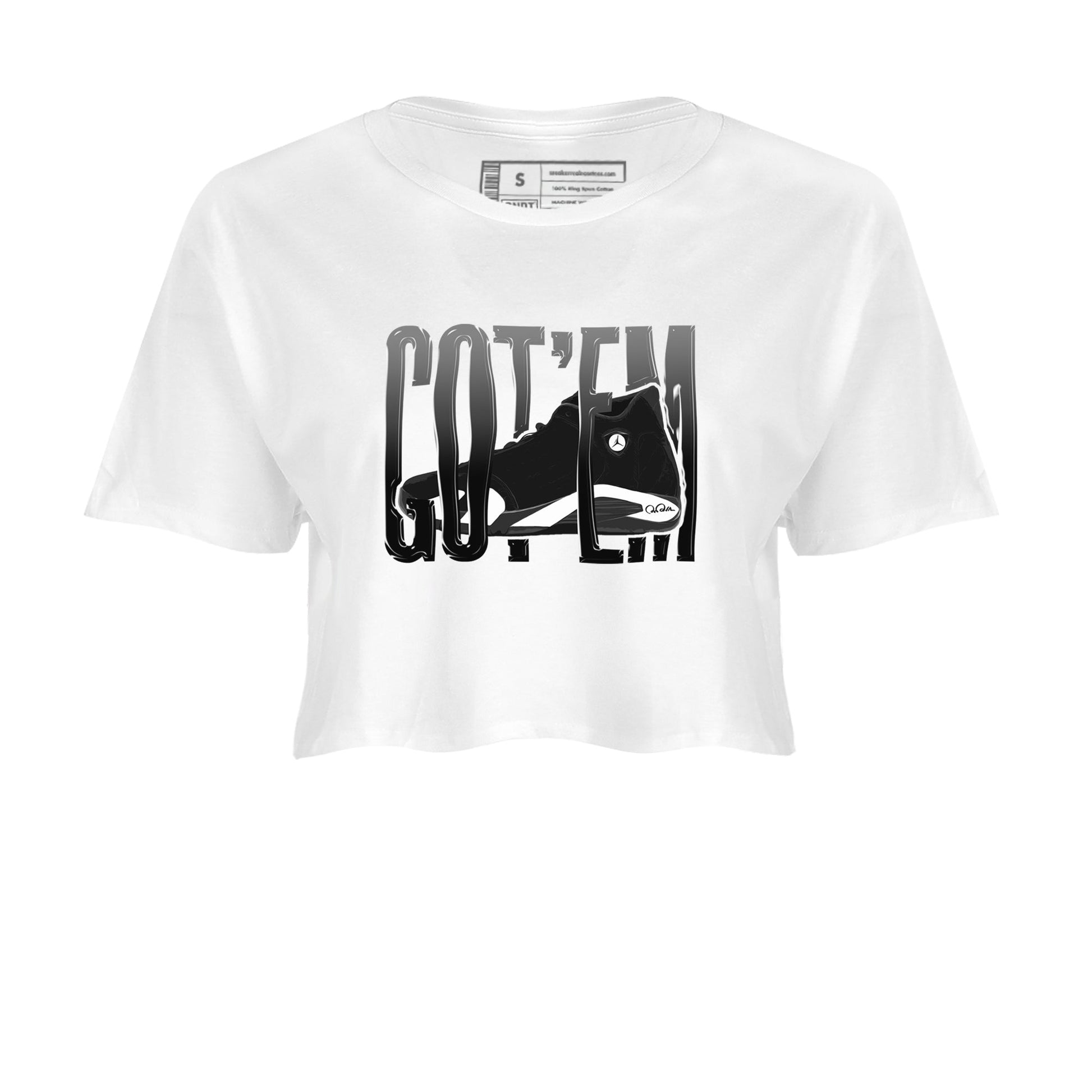 14s Panda shirt to match jordans Wiggling Gotem sneaker tees Air Jordan 14 Panda SNRT Sneaker Release Tees White 2 Crop T-Shirt