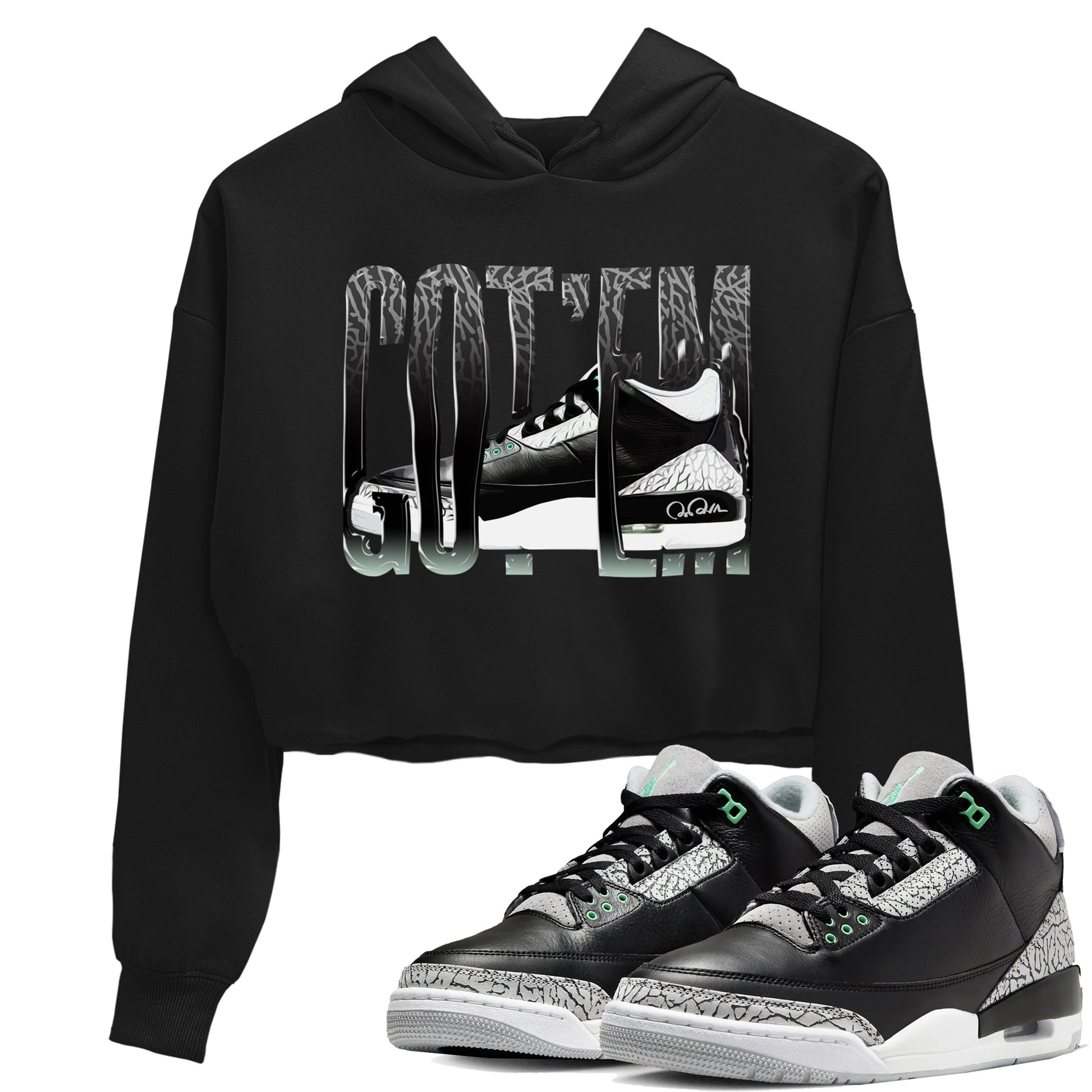 3s Green Glow shirt to match jordans Wiggling Gotem sneaker tees Air Jordan 3 Green Glow SNRT Sneaker Release Tees Black 1 crop length shirt