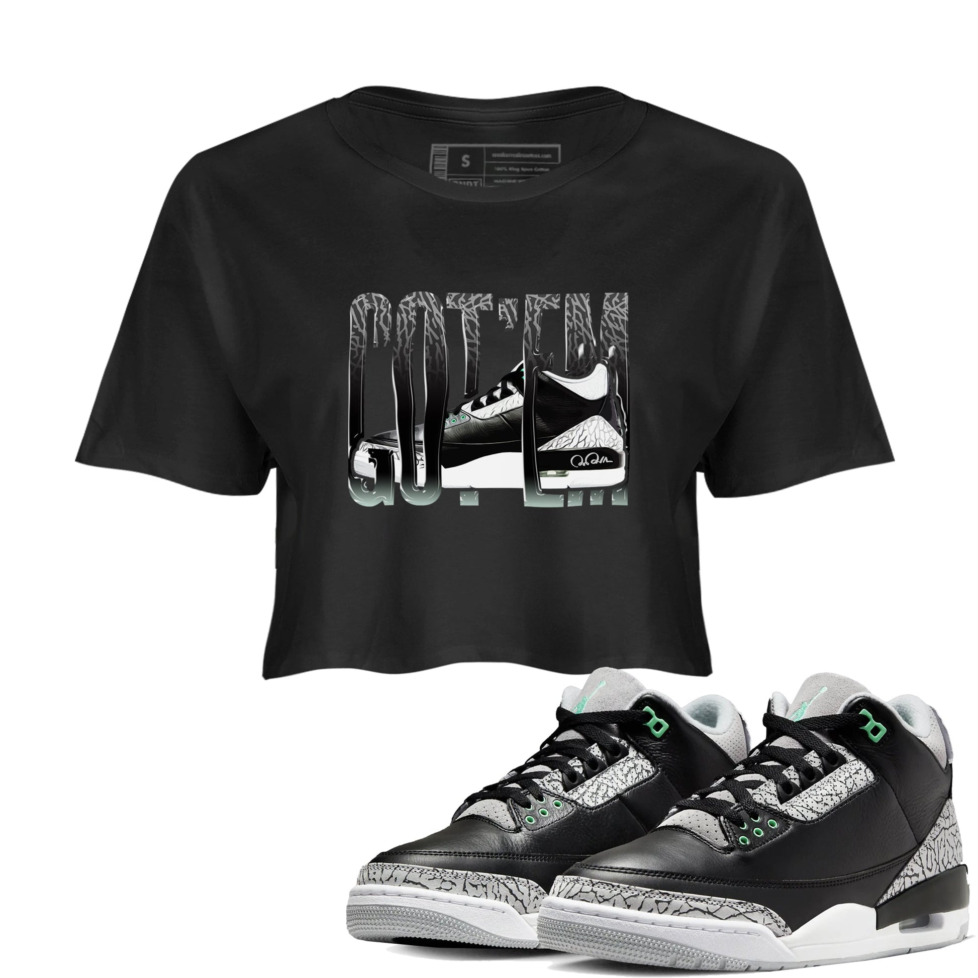 3s Green Glow shirt to match jordans Wiggling Gotem sneaker tees Air Jordan 3 Green Glow SNRT Sneaker Release Tees Black 1 crop length shirt