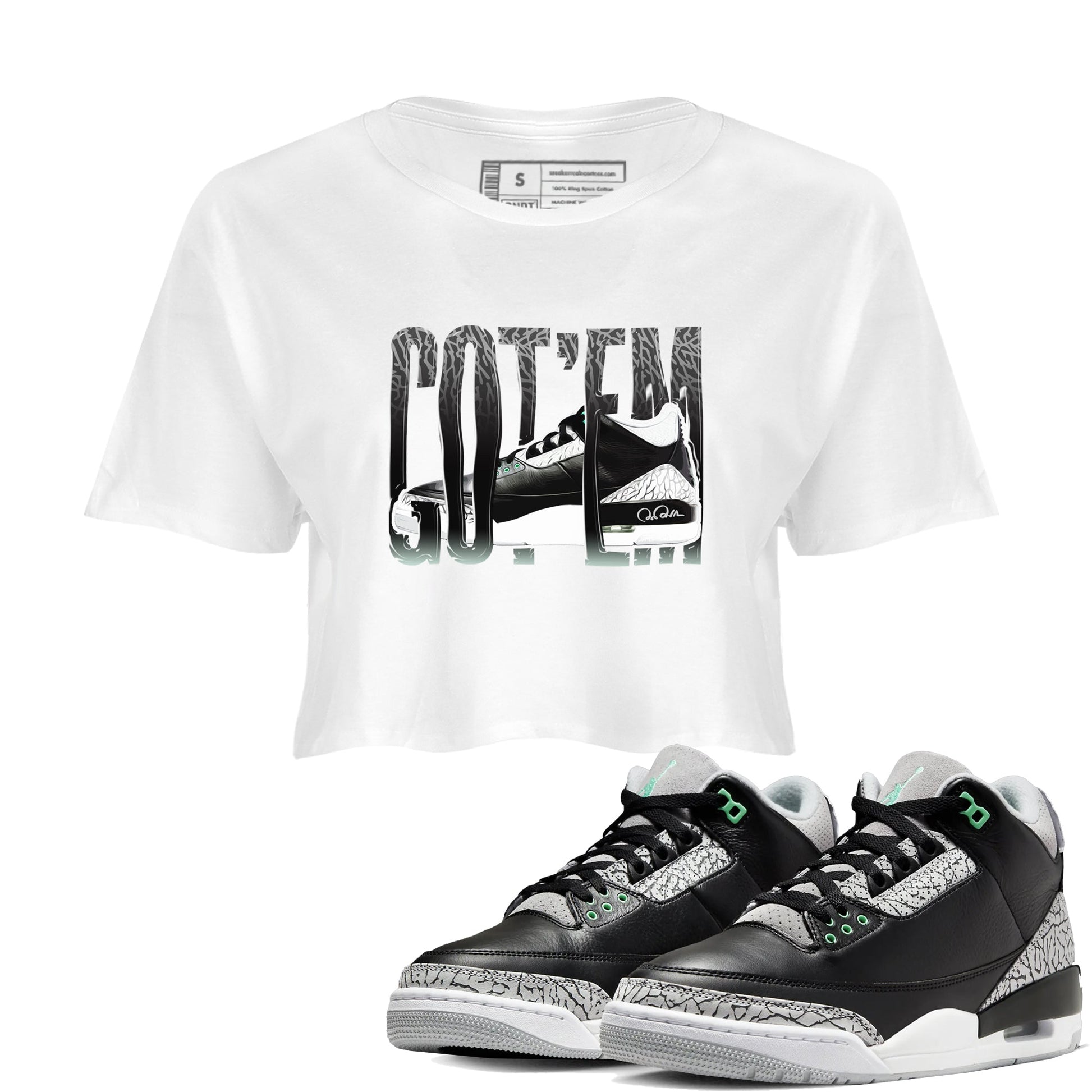 3s Green Glow shirt to match jordans Wiggling Gotem sneaker tees Air Jordan 3 Green Glow SNRT Sneaker Release Tees White 1 crop length shirt