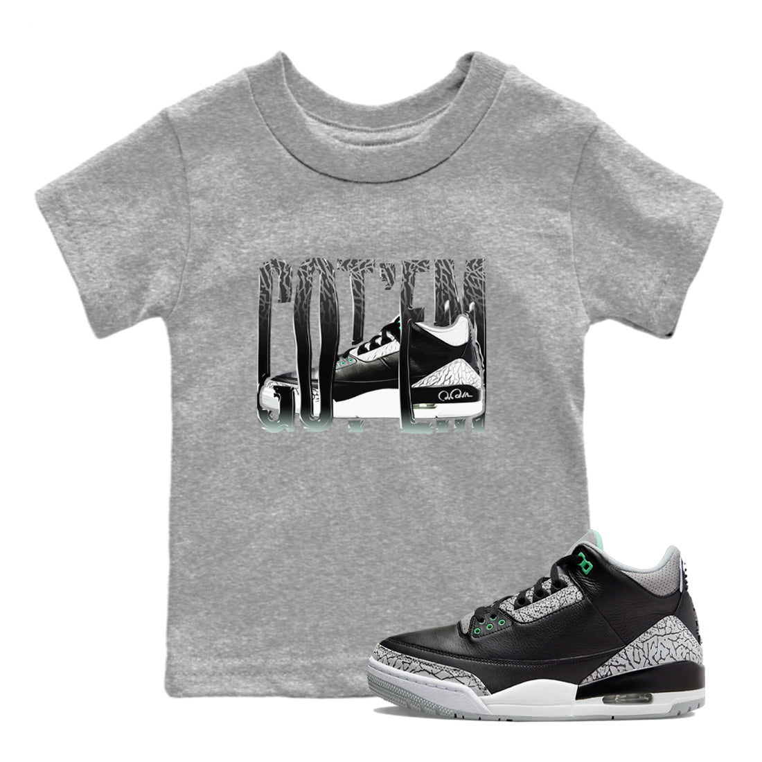 3s Green Glow shirt to match jordans Wiggling Gotem sneaker tees Air Jordan 3 Green Glow SNRT sneaker release tees baby toddler Heather Grey 1 cotton Shirt