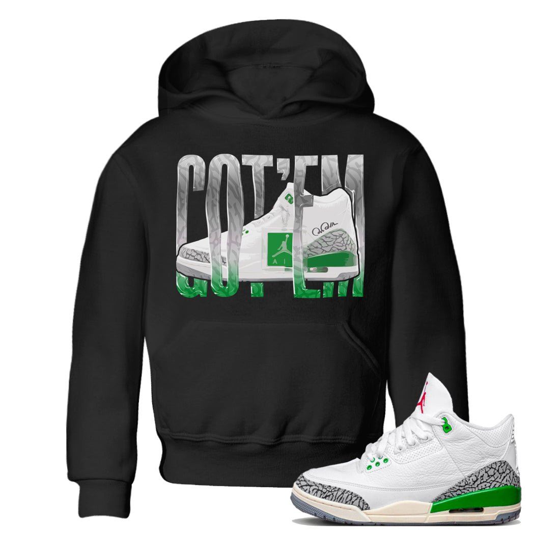 Air Jordan 3 Lucky Green Sneaker Match Tees Wiggling Gotem Sneaker Tees AJ3 Lucky Green Sneaker Release Tees Kids Shirts Black 1