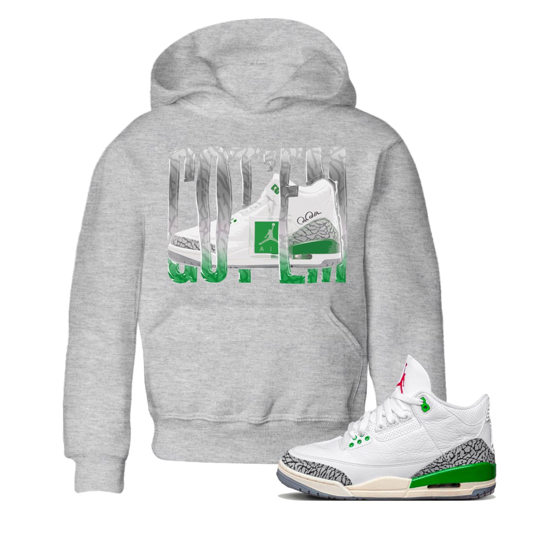 Air Jordan 3 Lucky Green Sneaker Match Tees Wiggling Gotem Sneaker Tees AJ3 Lucky Green Sneaker Release Tees Kids Shirts Heather Grey 1