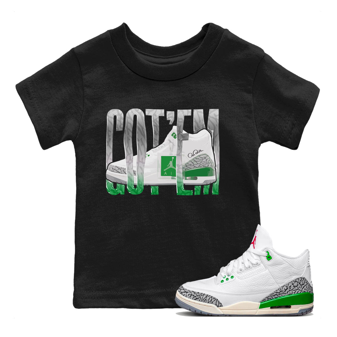 Air Jordan 3 Lucky Green Sneaker Match Tees Wiggling Gotem Sneaker Tees AJ3 Lucky Green Sneaker Release Tees Kids Shirts Black 1