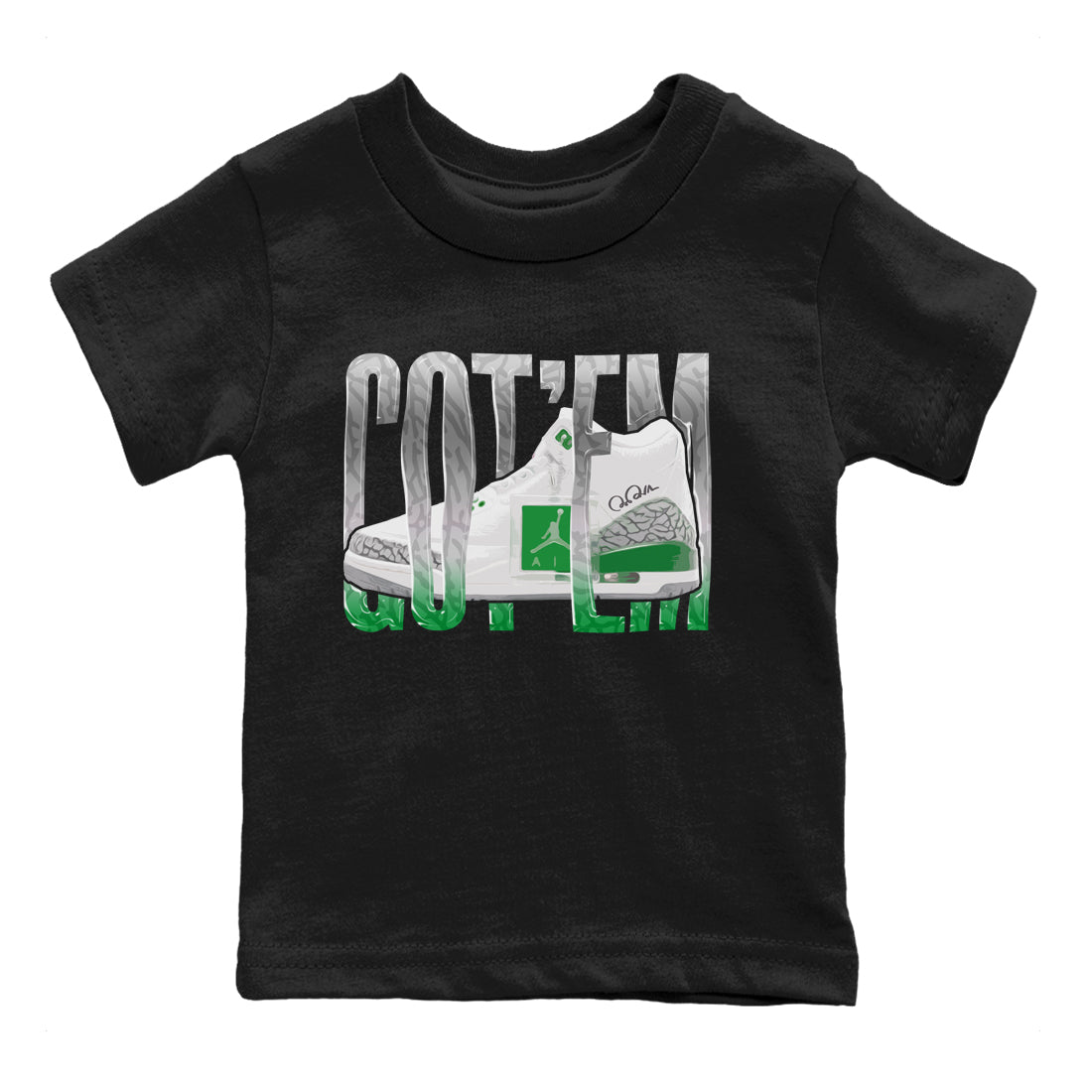 Air Jordan 3 Lucky Green Sneaker Match Tees Wiggling Gotem Sneaker Tees AJ3 Lucky Green Sneaker Release Tees Kids Shirts Black 2