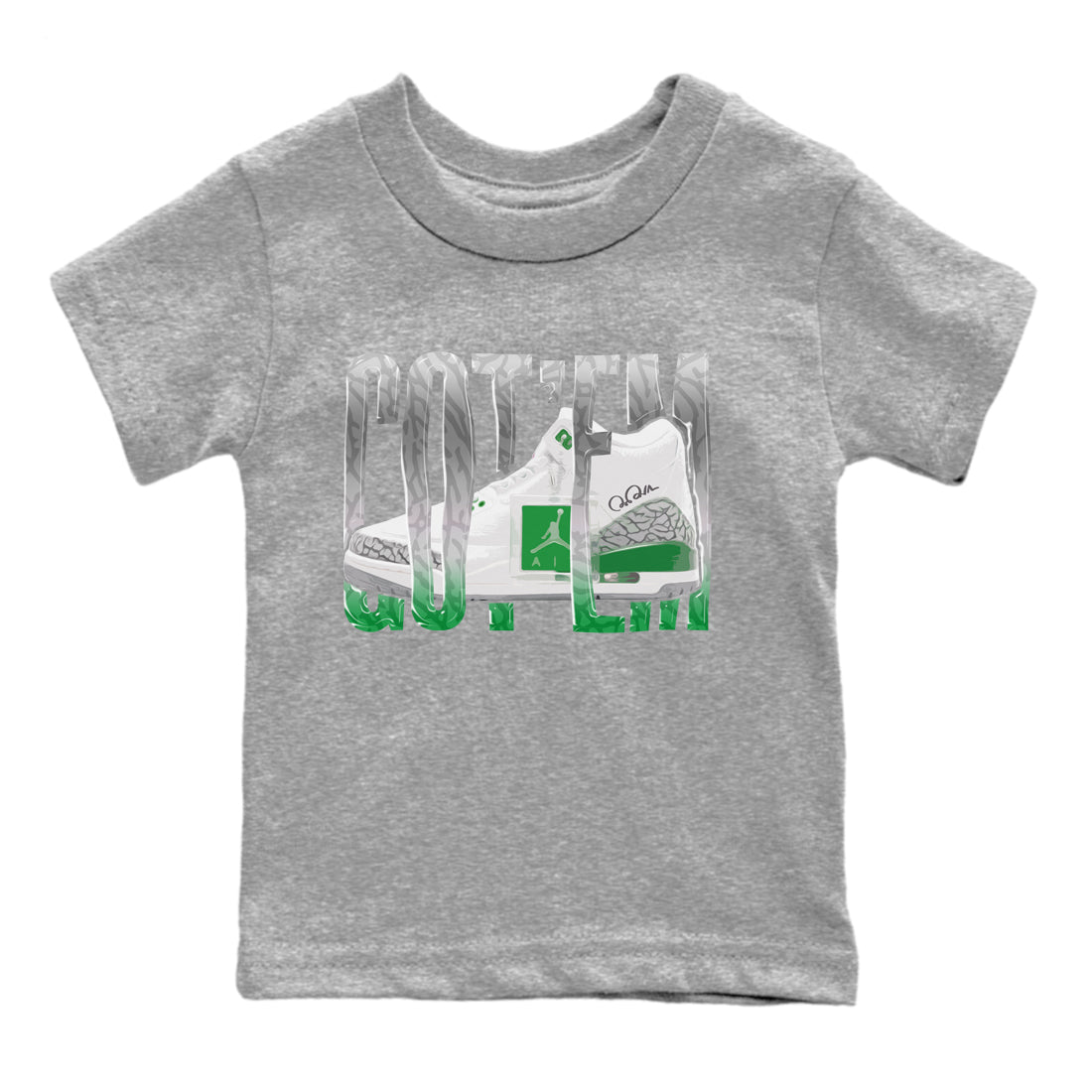 Air Jordan 3 Lucky Green Sneaker Match Tees Wiggling Gotem Sneaker Tees AJ3 Lucky Green Sneaker Release Tees Kids Shirts Heather Grey 2