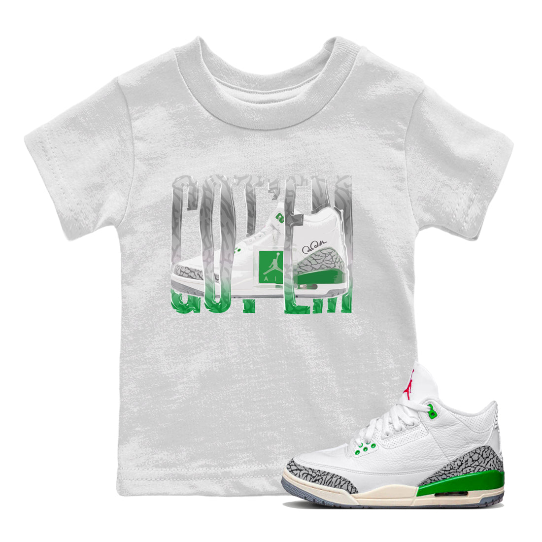 Air Jordan 3 Lucky Green Sneaker Match Tees Wiggling Gotem Sneaker Tees AJ3 Lucky Green Sneaker Release Tees Kids Shirts White 1