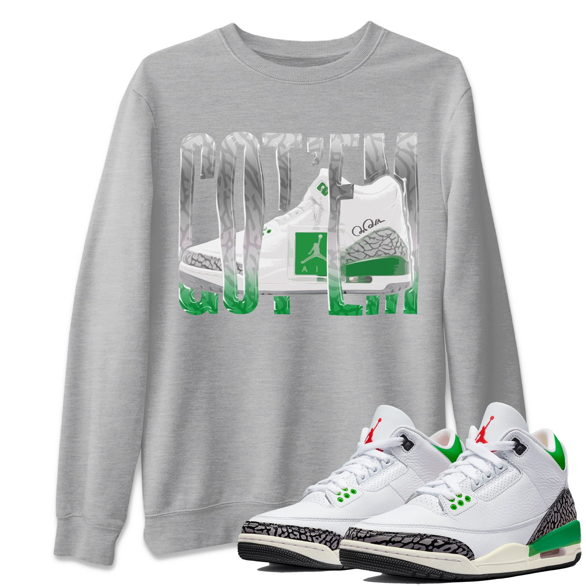 Air Jordan 3 Lucky Green Sneaker Match Tees Wiggling Gotem Sneaker Tees AJ3 Lucky Green Sneaker Release Tees Unisex Shirts Heather Grey 1