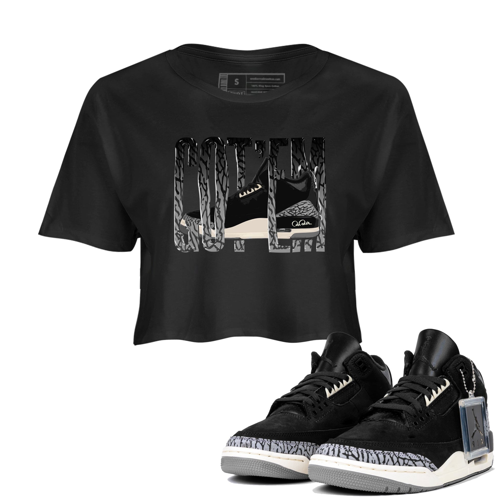 Air Jordan 3 Off Noir shirt to match jordans Wiggling Gotem sneaker tees AJ3 Off Noir SNRT Sneaker Release Tees Black 1 Crop T-Shirt