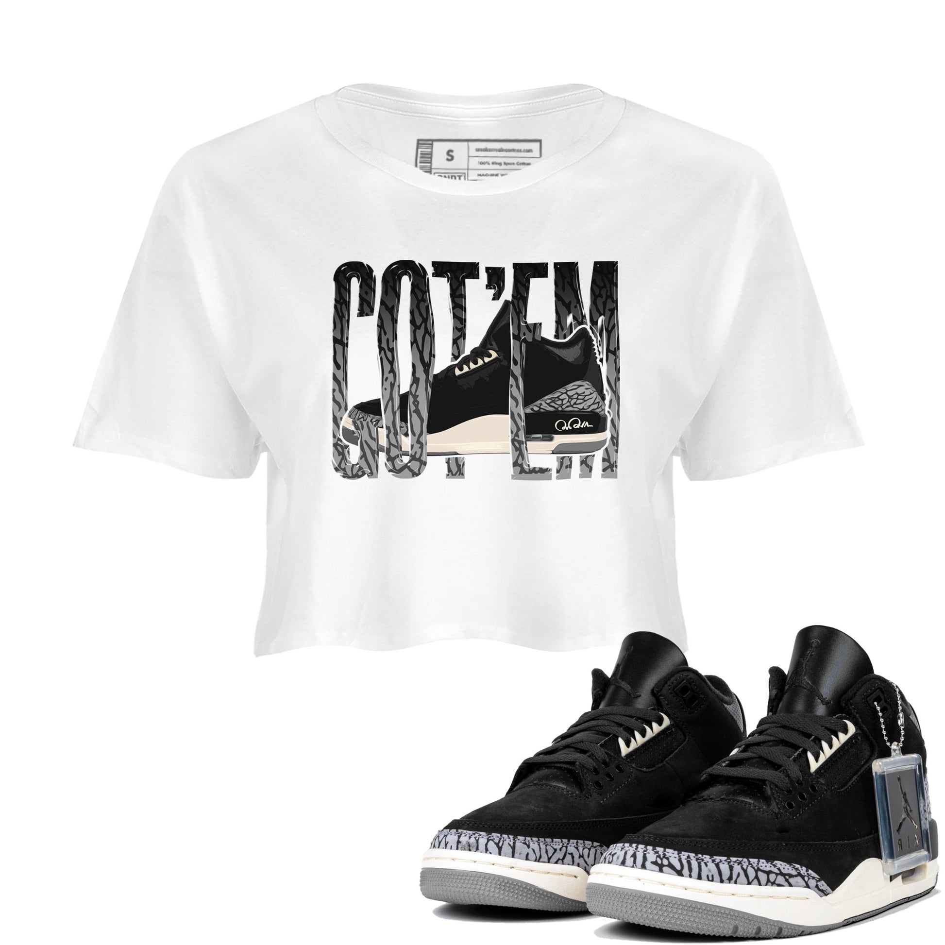 Air Jordan 3 Off Noir shirt to match jordans Wiggling Gotem sneaker tees AJ3 Off Noir SNRT Sneaker Release Tees White 1 Crop T-Shirt