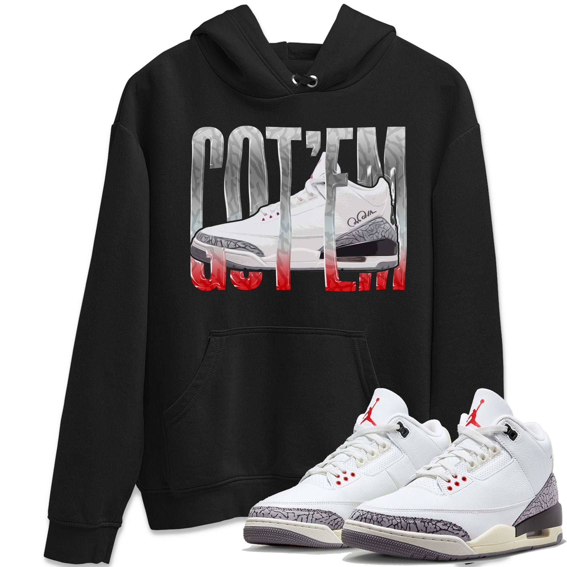Air Jordan 3 White Cement Sneaker Match Tees Wiggling Gotem Sneaker Tees AJ3 White Cement Sneaker Release Tees Unisex Shirts Black 1