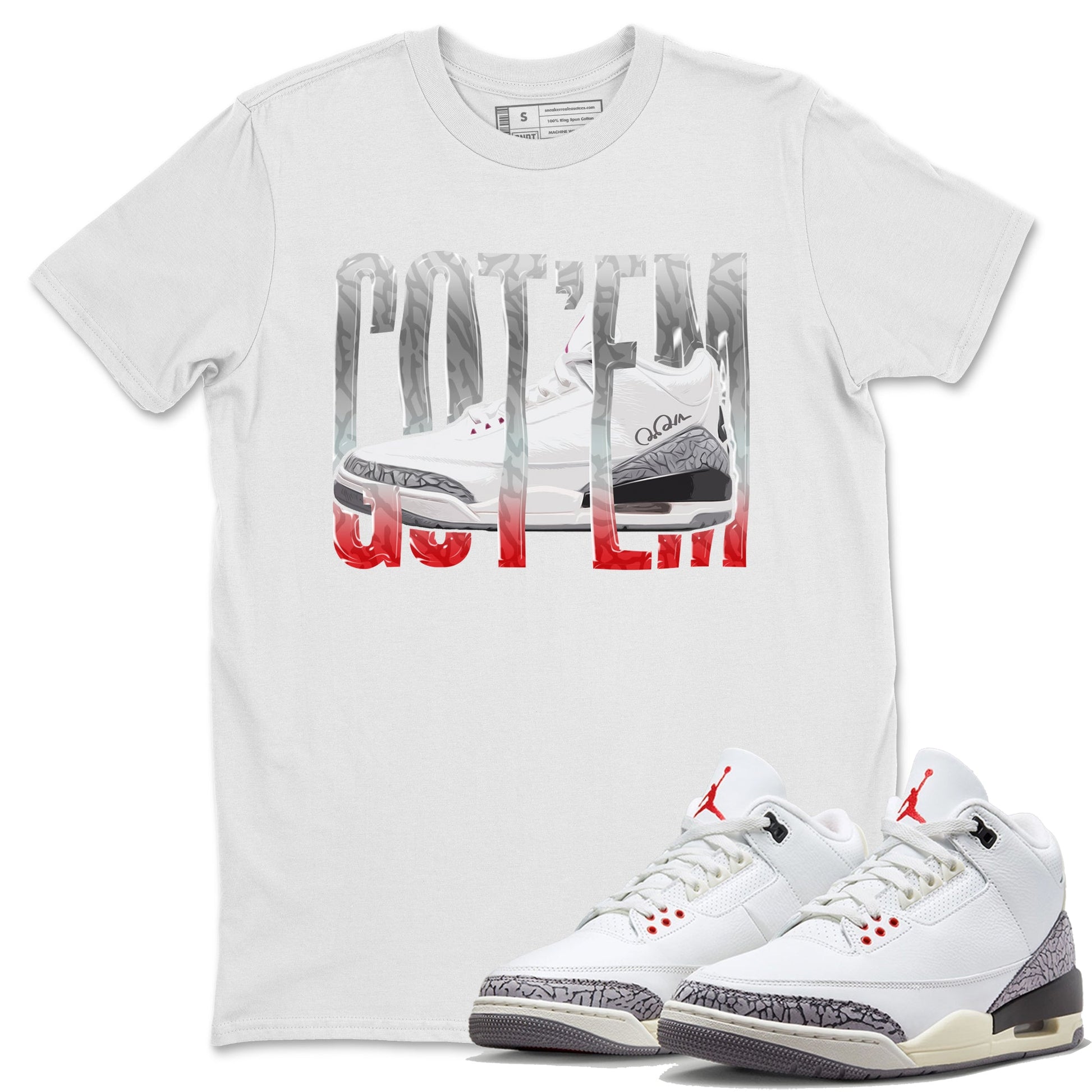 Air Jordan 3 White Cement Sneaker Match Tees Wiggling Gotem Sneaker Tees AJ3 White Cement Sneaker Release Tees Unisex Shirts White 1